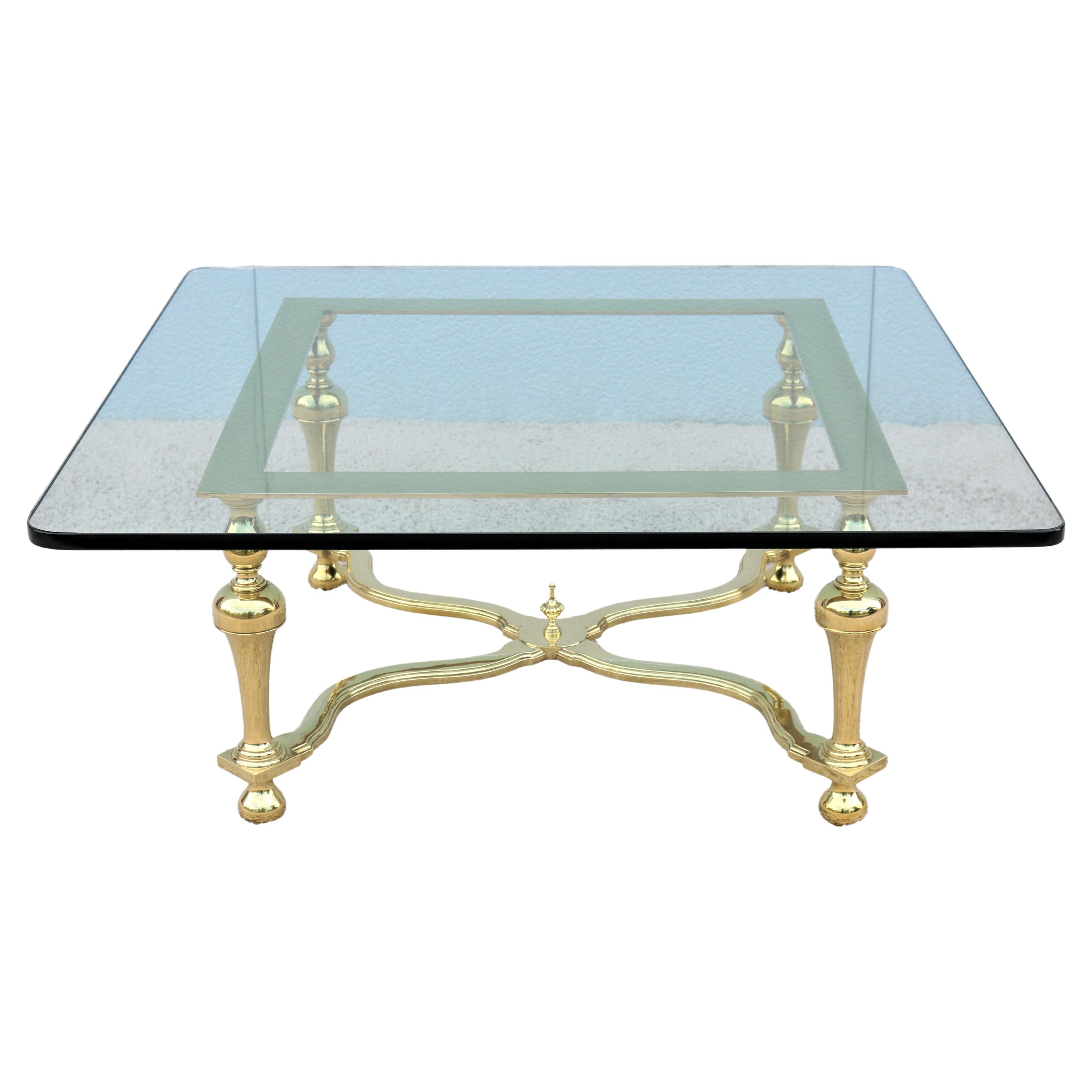 1970s Hollywood Regency Maison Jansen Style Brass and Glass Square Coffee Table For Sale