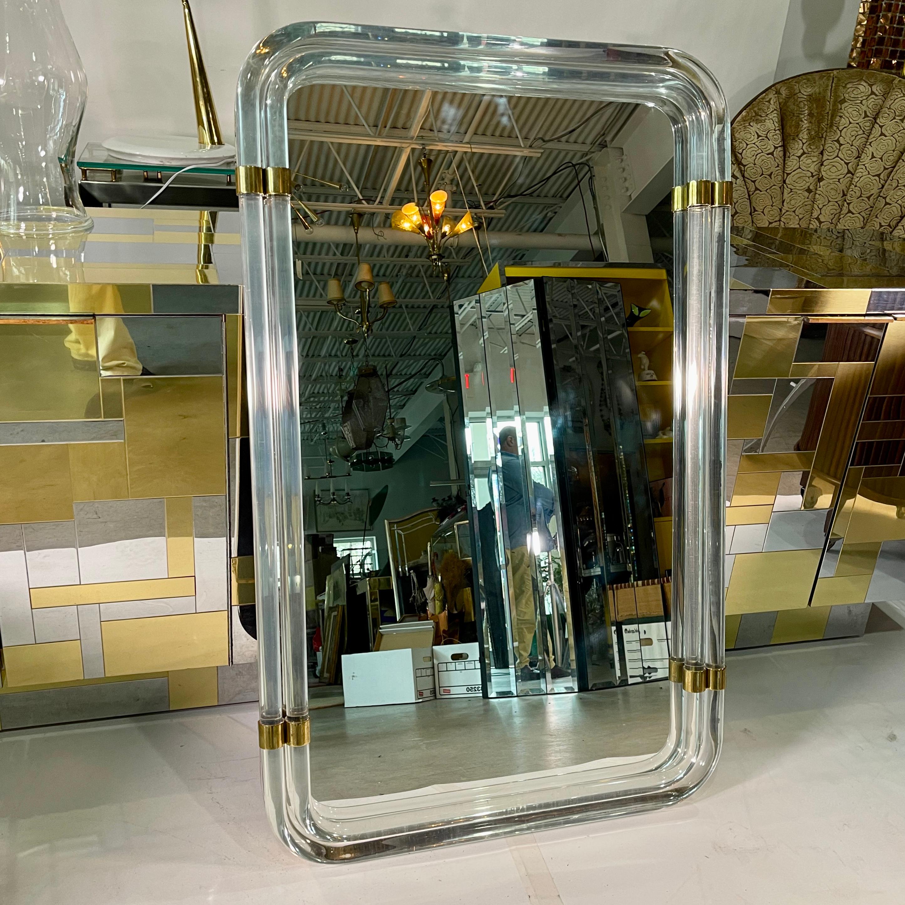 1970s Hollywood Regency Mirror with Lucite Rods and Gilt Brass 5