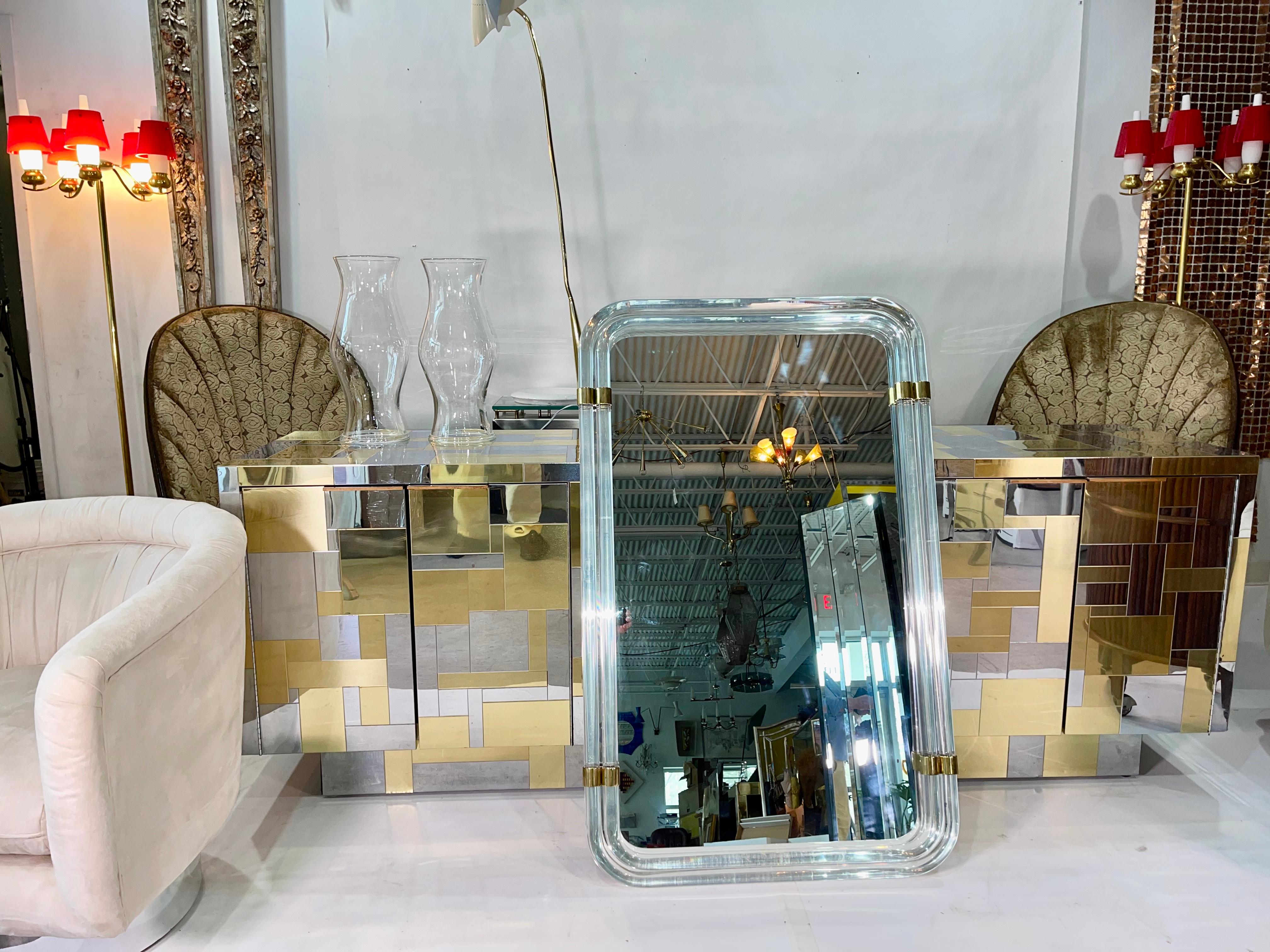 1970s Hollywood Regency Mirror with Lucite Rods and Gilt Brass In Good Condition In Hanover, MA