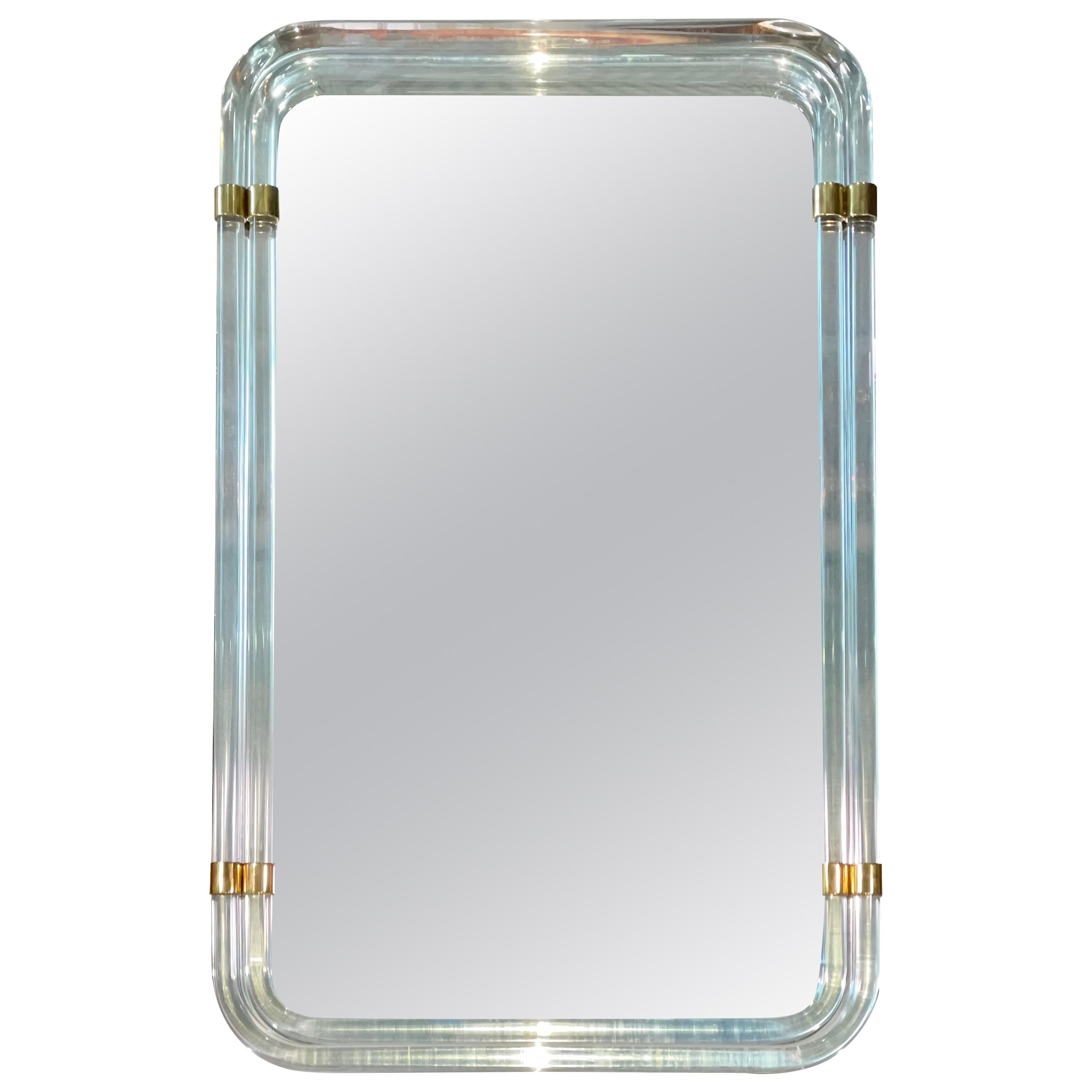 1970s Hollywood Regency Mirror with Lucite Rods and Gilt Brass