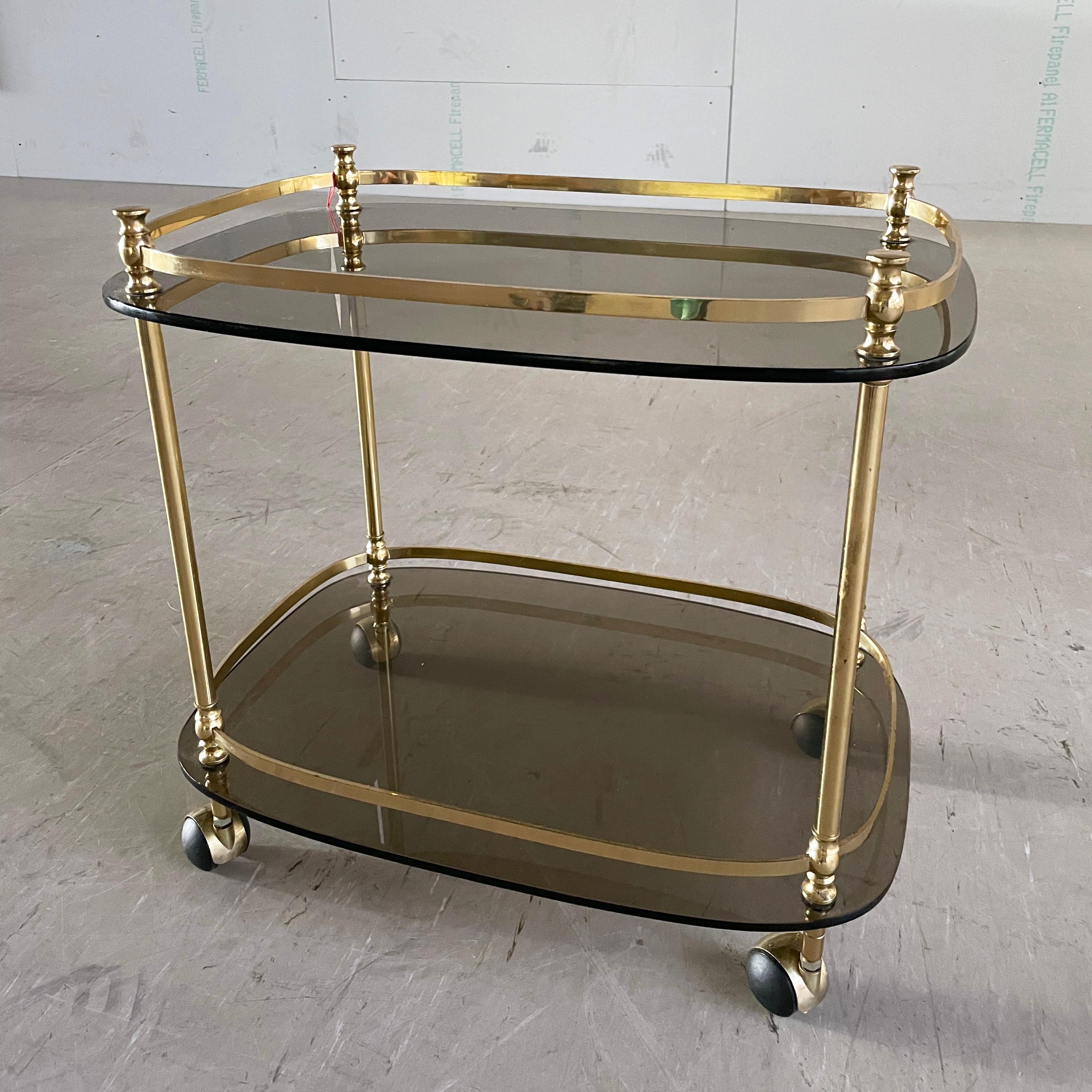 Italian 1970's Hollywood Regency Solid Brass Bar Cart For Sale
