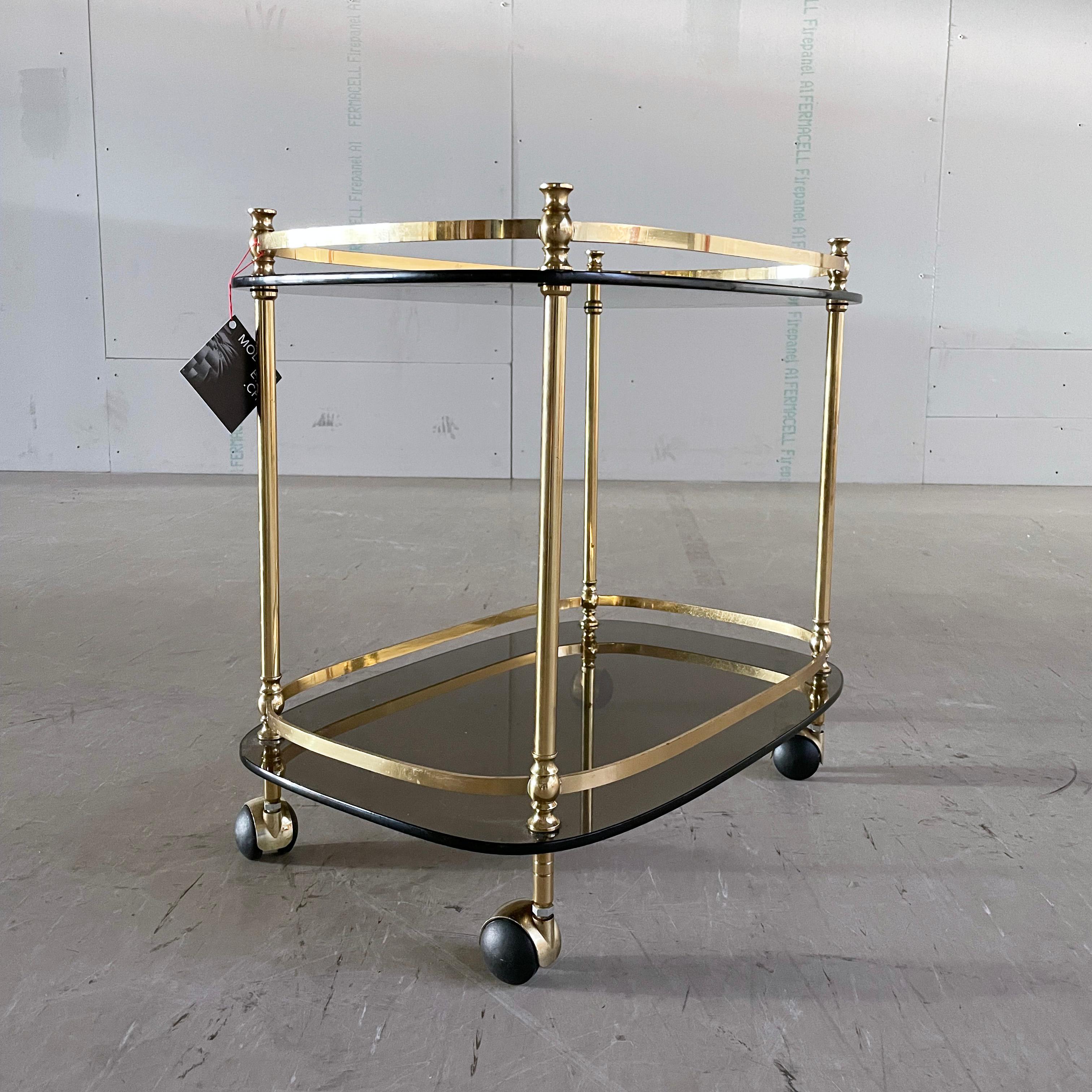 Glass 1970's Hollywood Regency Solid Brass Bar Cart For Sale