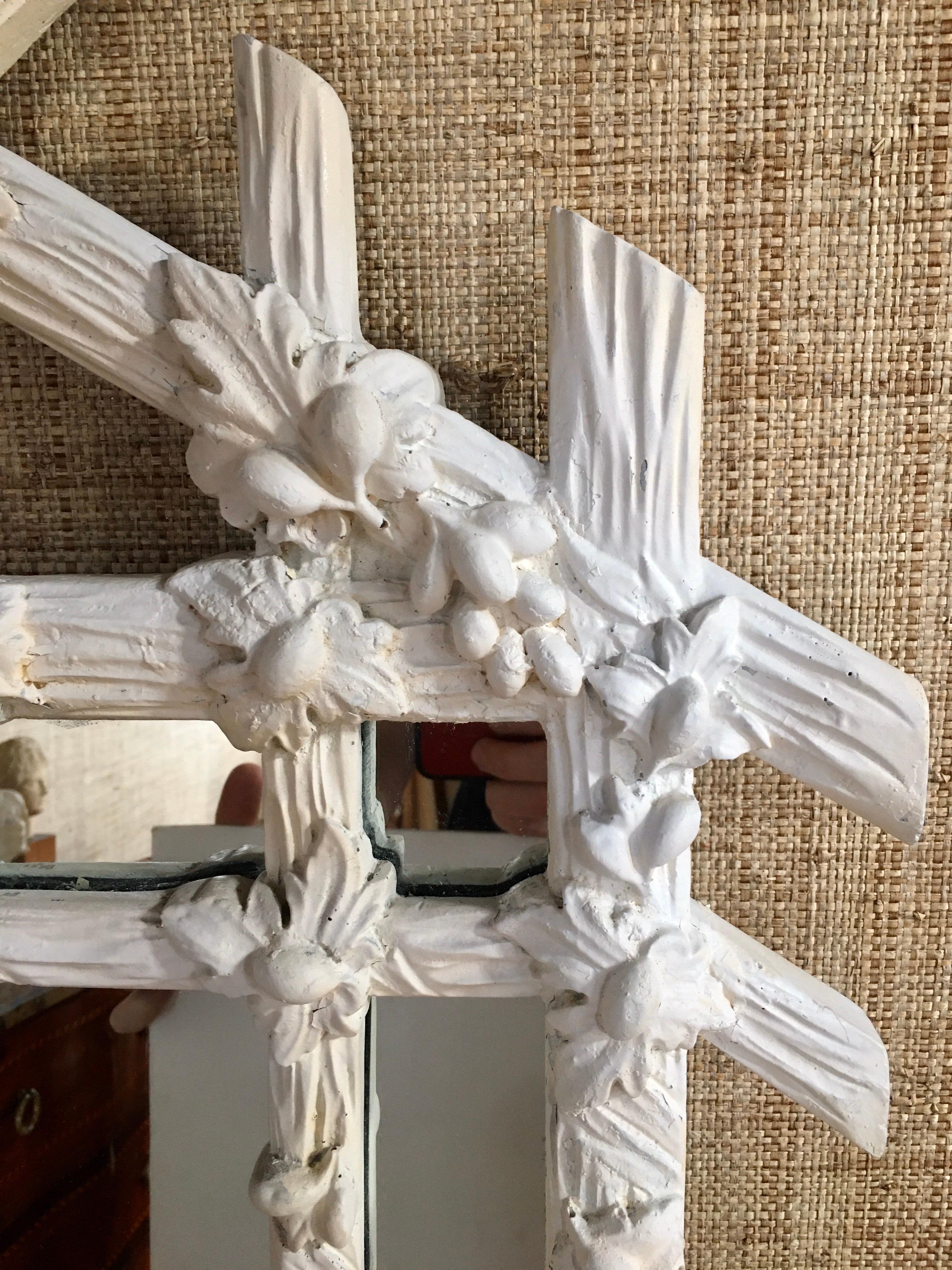 1970s Hollywood Regency Style Faux Bois White Plaster Carved Branch Wall Mirror In Good Condition In Lambertville, NJ