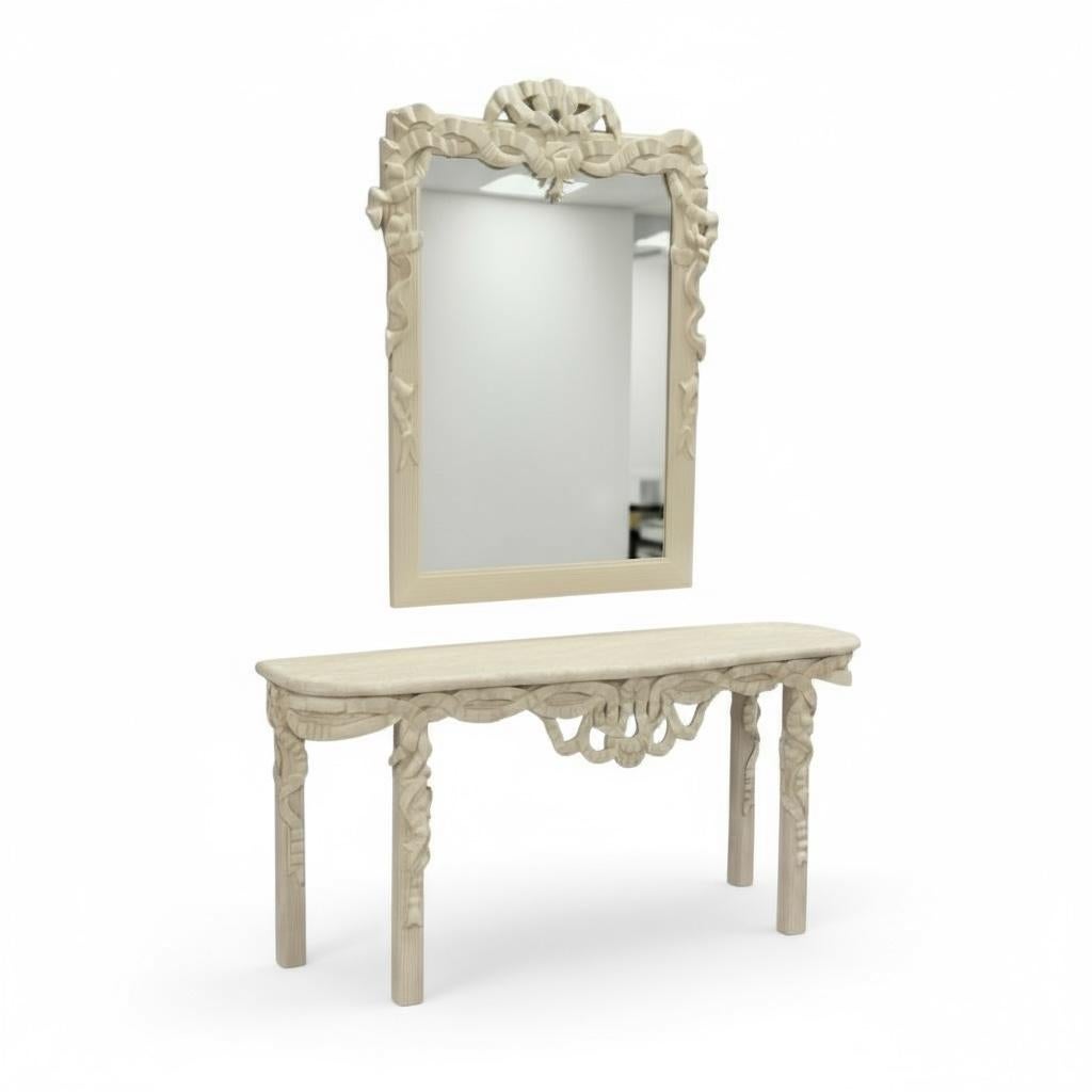 1970s Hollywood Regency Style Italian Carved Ribbon Mirror & Stone Console Table in vendita 5