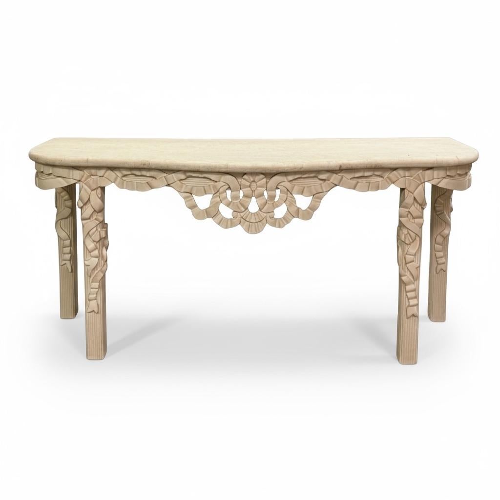 1970s Hollywood Regency Style Italian Carved Ribbon Mirror & Stone Console Table In condizioni buone in vendita a Kennesaw, GA