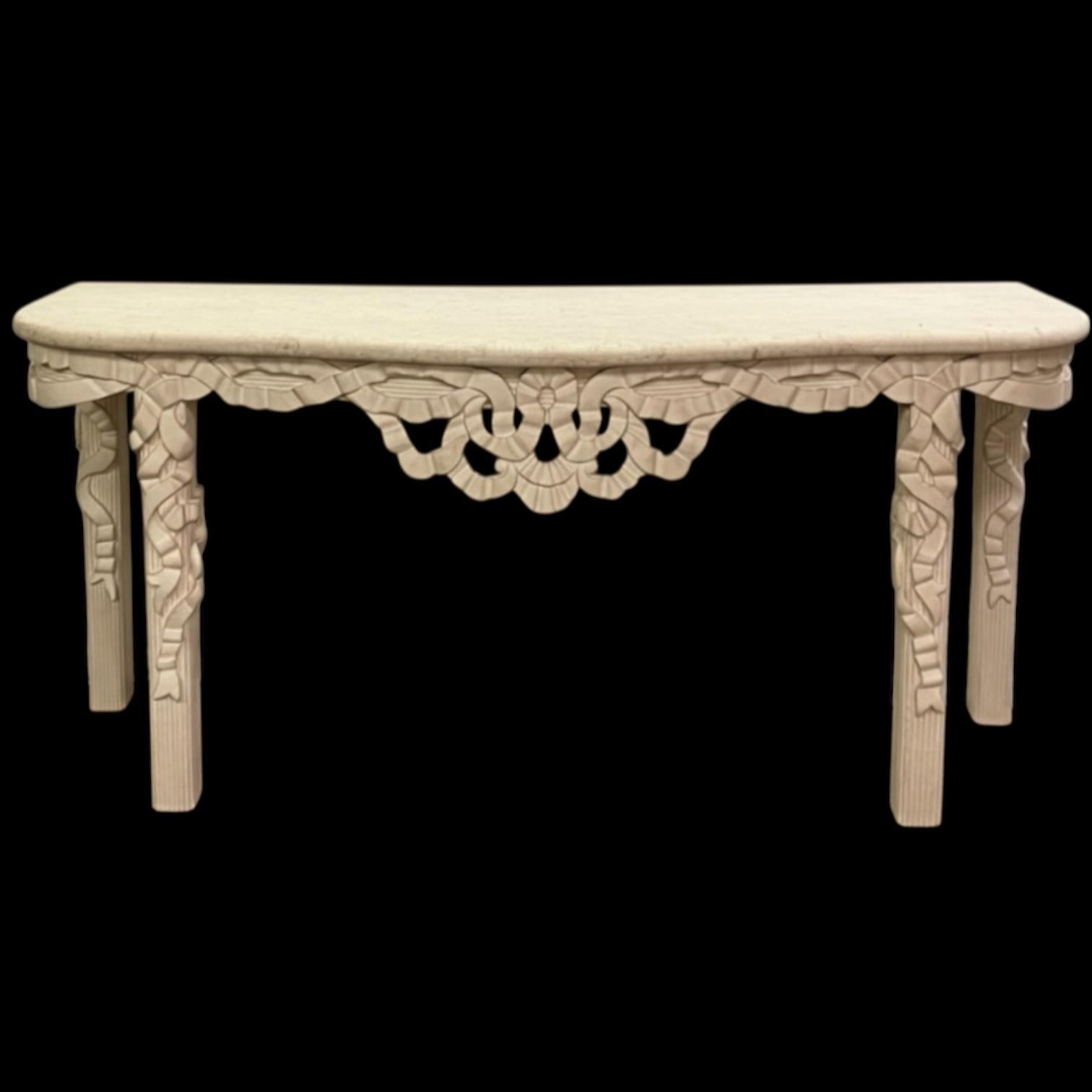XX secolo 1970s Hollywood Regency Style Italian Carved Ribbon Mirror & Stone Console Table in vendita