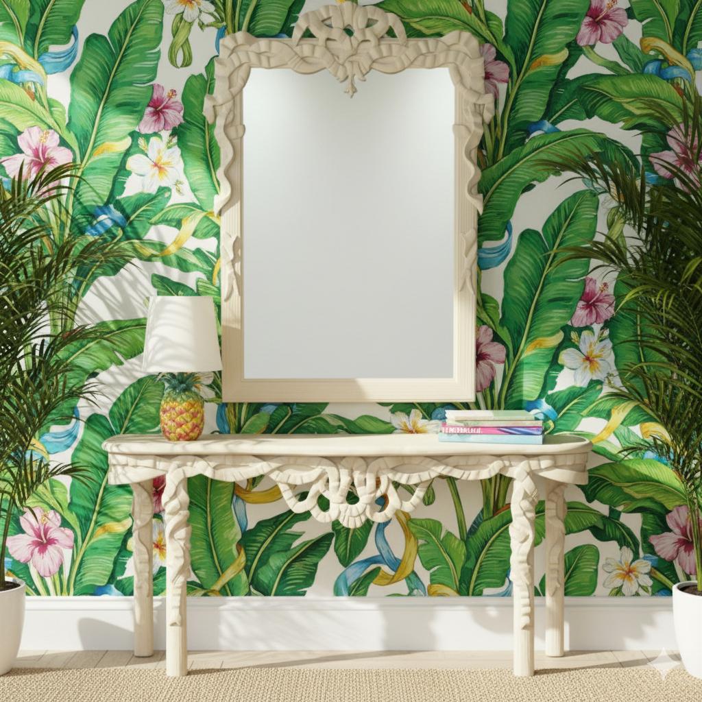 Specchio 1970s Hollywood Regency Style Italian Carved Ribbon Mirror & Stone Console Table in vendita