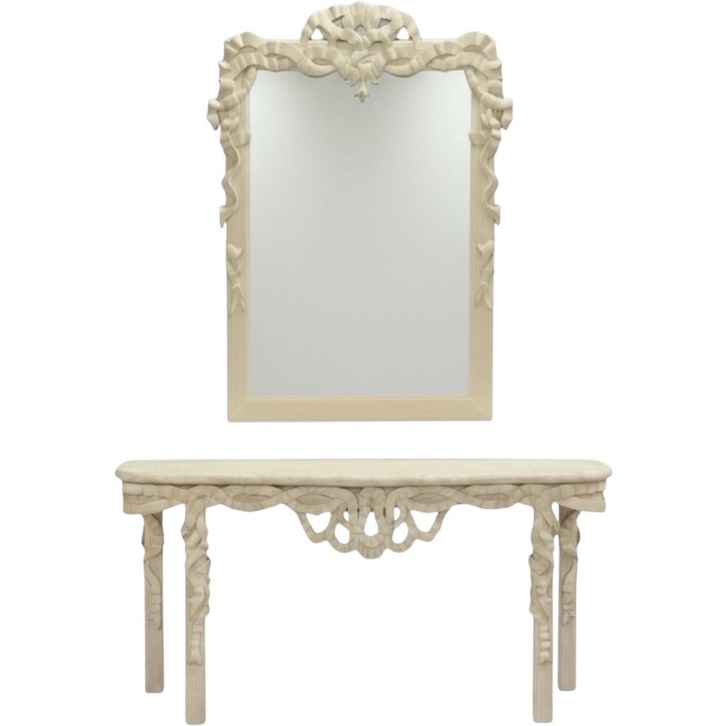 1970s Hollywood Regency Style Italian Carved Ribbon Mirror & Stone Console Table in vendita 1