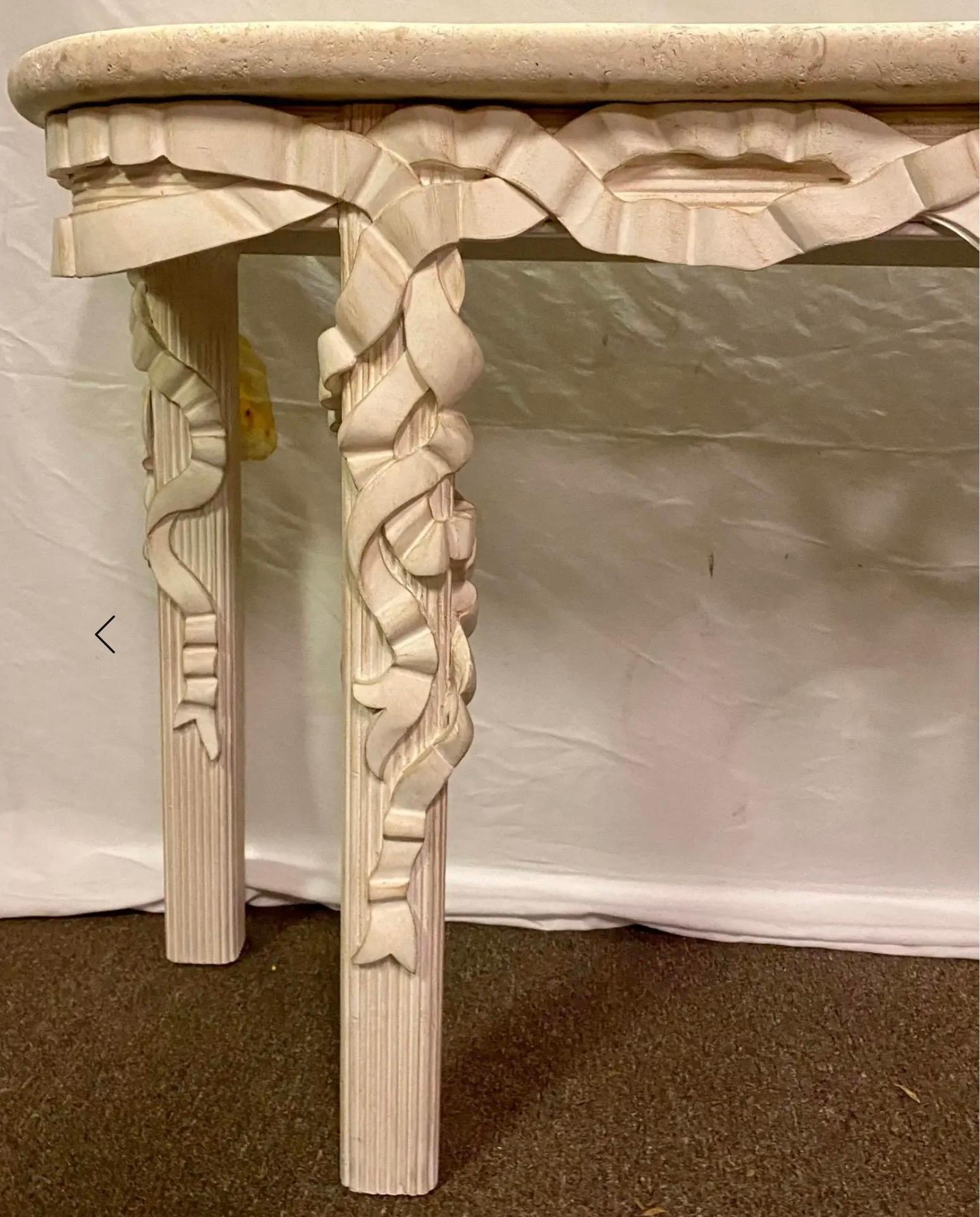 1970s Hollywood Regency Style Italian Carved Ribbon Mirror & Stone Console Table in vendita 3