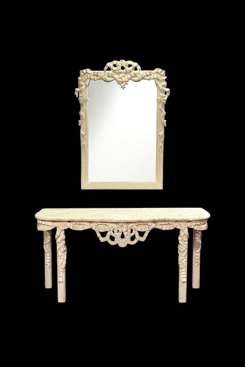 1970s Hollywood Regency Style Italian Carved Ribbon Mirror & Stone Console Table in vendita 4
