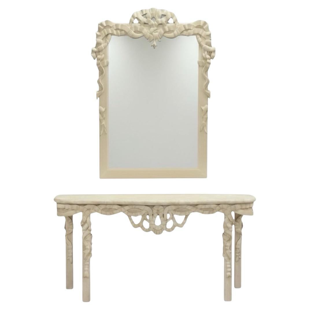Italiano 1970s Hollywood Regency Style Italian Carved Ribbon Mirror & Stone Console Table in vendita