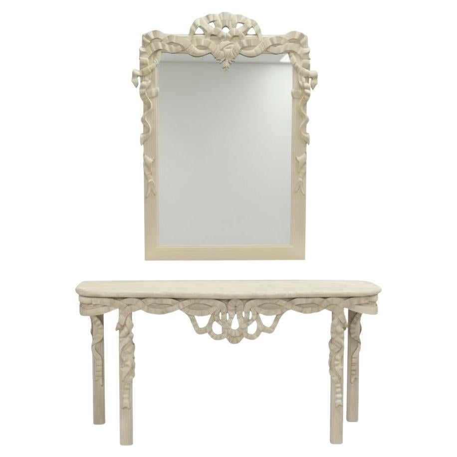 1970s Hollywood Regency Style Italian Carved Ribbon Mirror & Stone Console Table in vendita