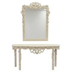 1970s Hollywood Regency Style Italian Carved Ribbon Mirror & Stone Console Table