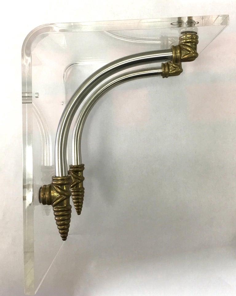 Late 20th Century 1970s Hollywood Regency Style Lucite and Brass Wall Brackets For Sale