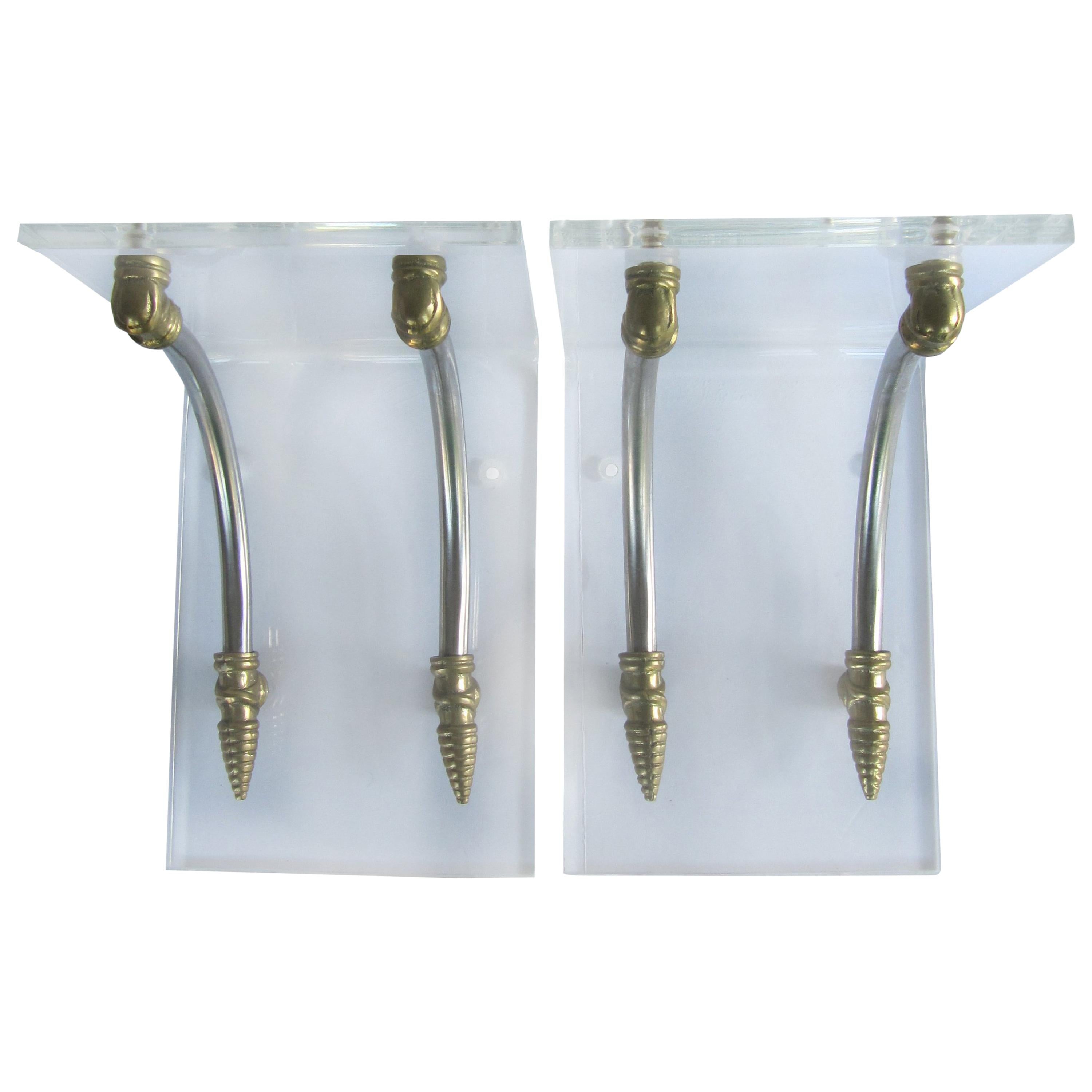 1970s Hollywood Regency Style Lucite and Brass Wall Brackets