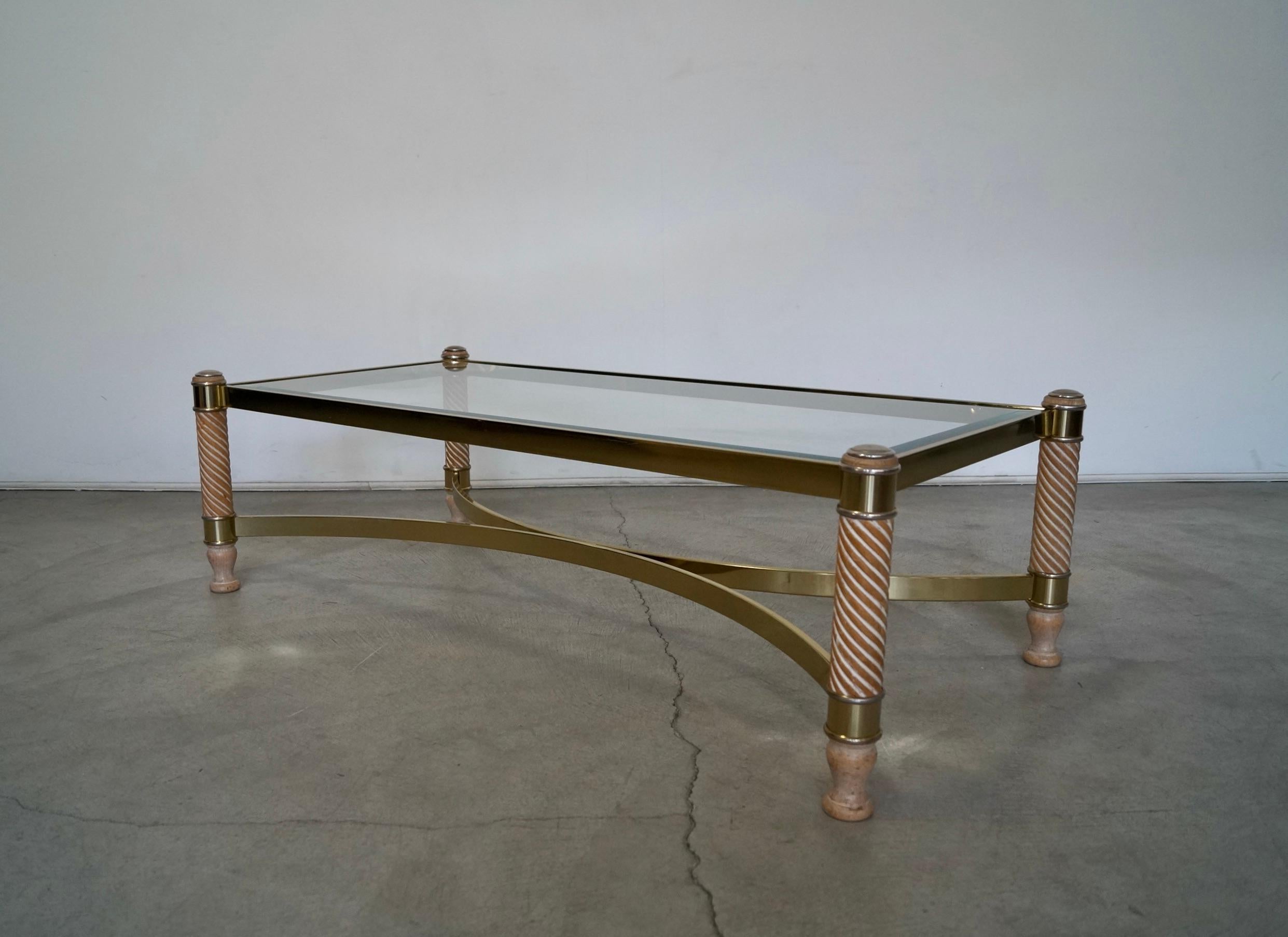 1970's Hollywood Regency Turned Wood, Brass, & Glass Coffee Table For Sale 5