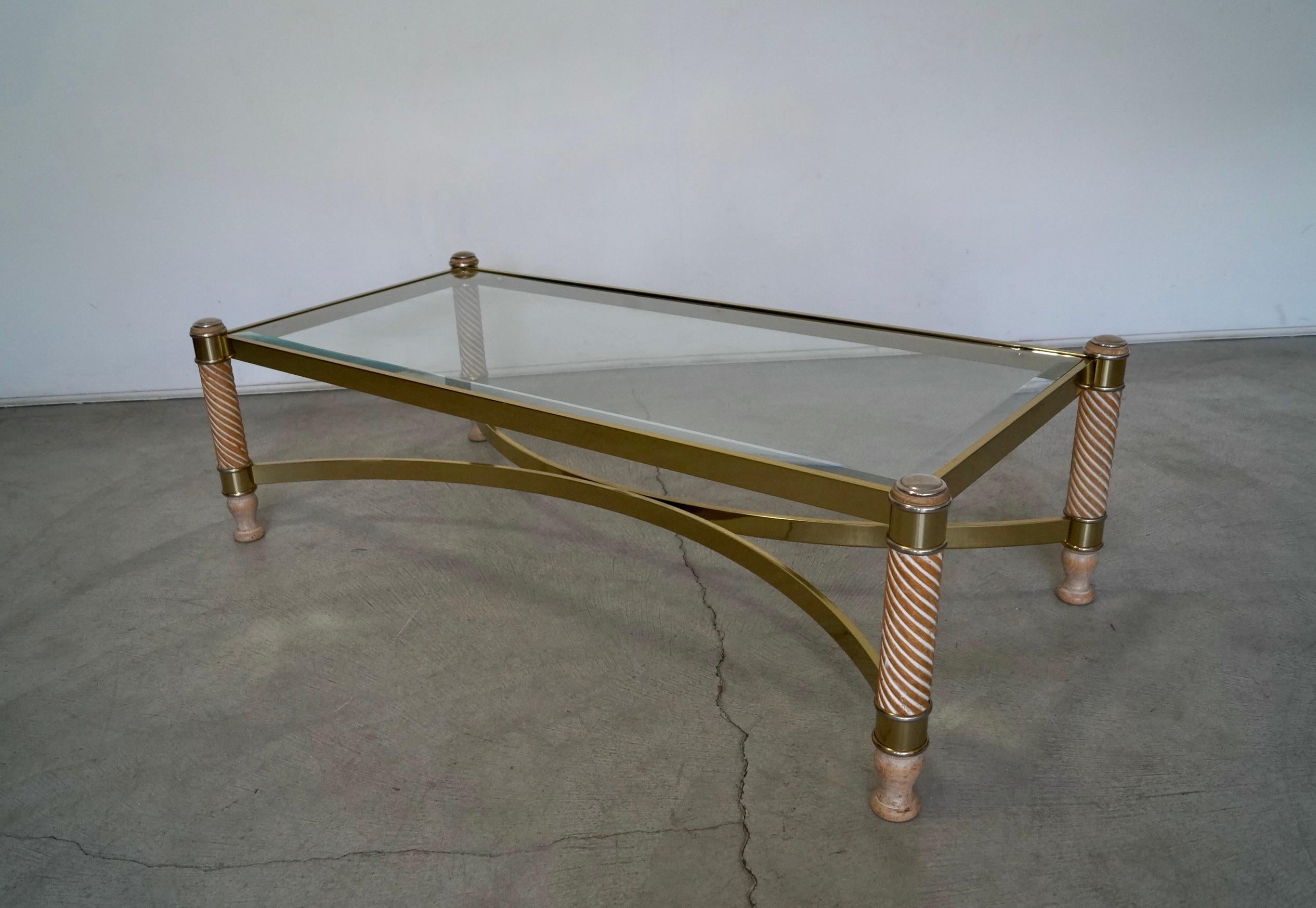 1970's Hollywood Regency Turned Wood, Brass, & Glass Coffee Table For Sale 6