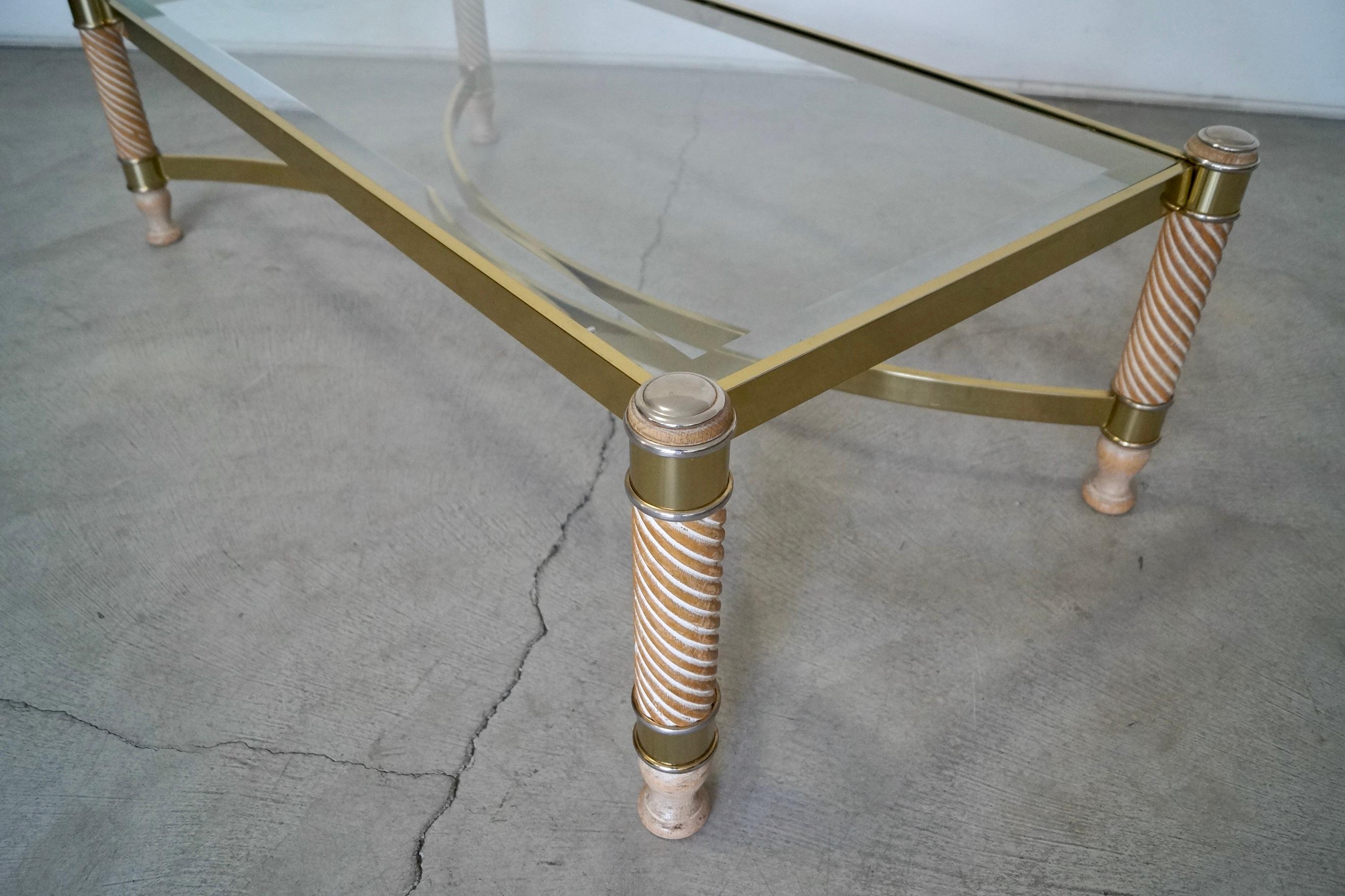 1970's Hollywood Regency Turned Wood, Brass, & Glass Coffee Table For Sale 7