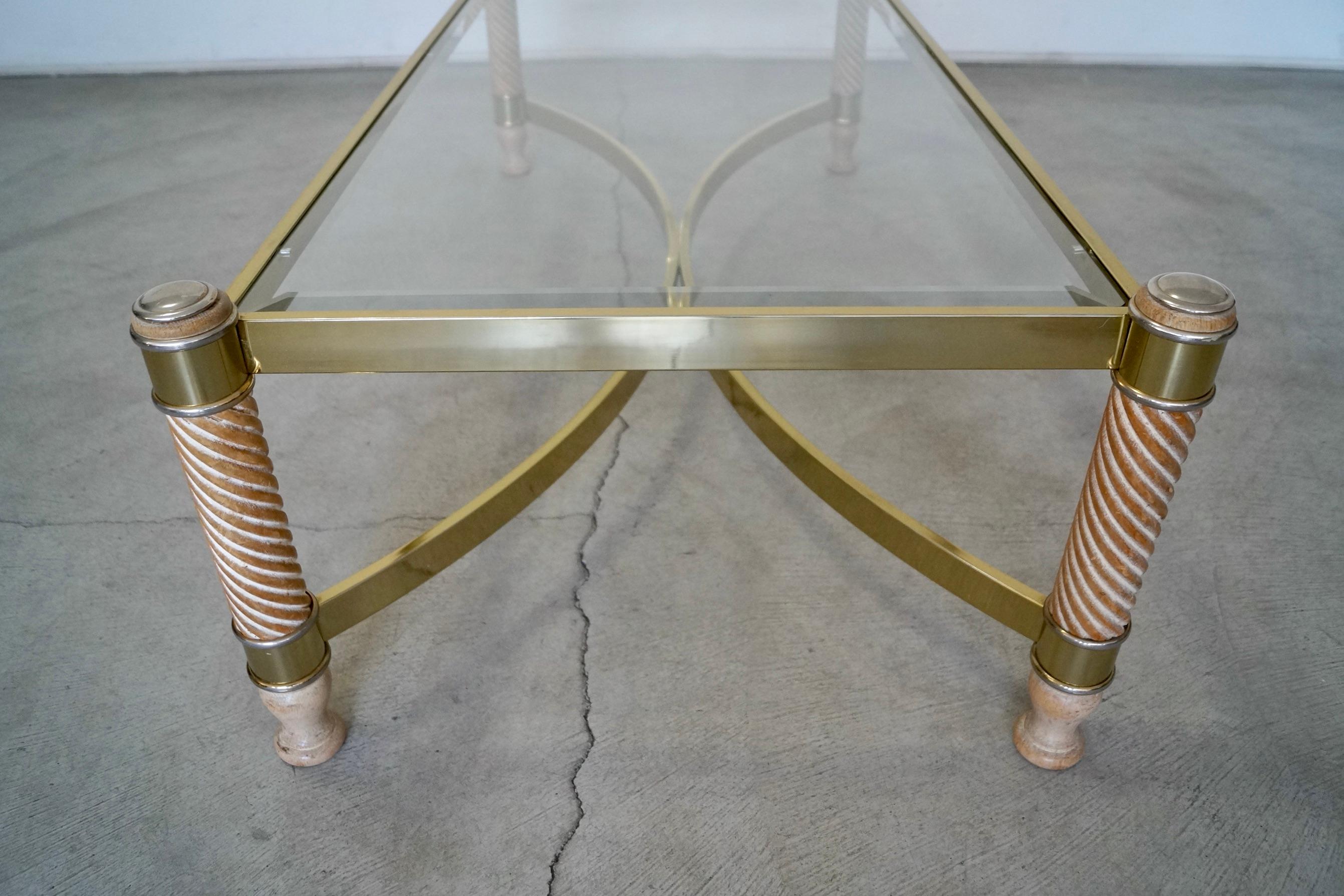 1970's Hollywood Regency Turned Wood, Brass, & Glass Coffee Table For Sale 8