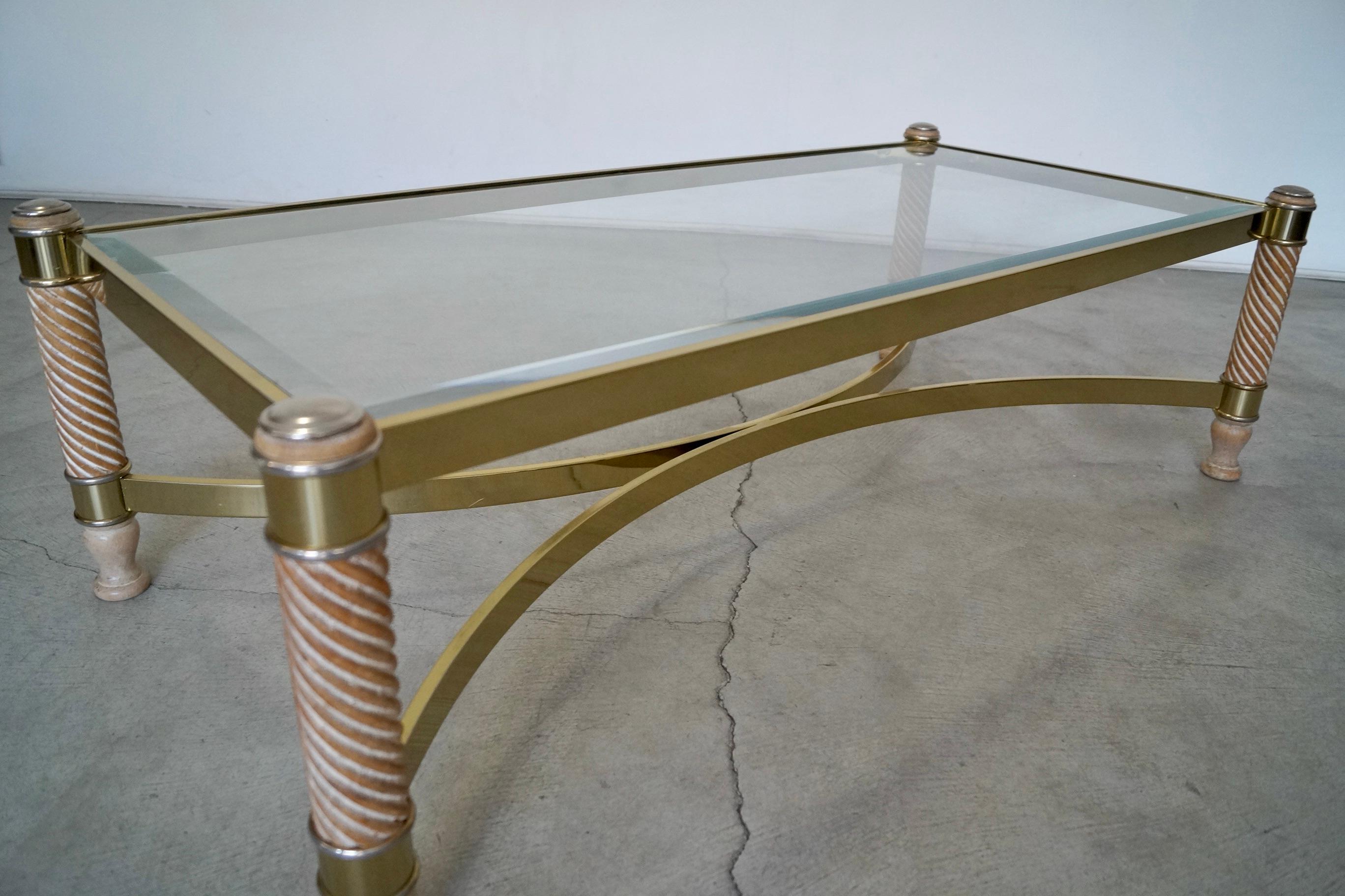 1970's Hollywood Regency Turned Wood, Brass, & Glass Coffee Table For Sale 11