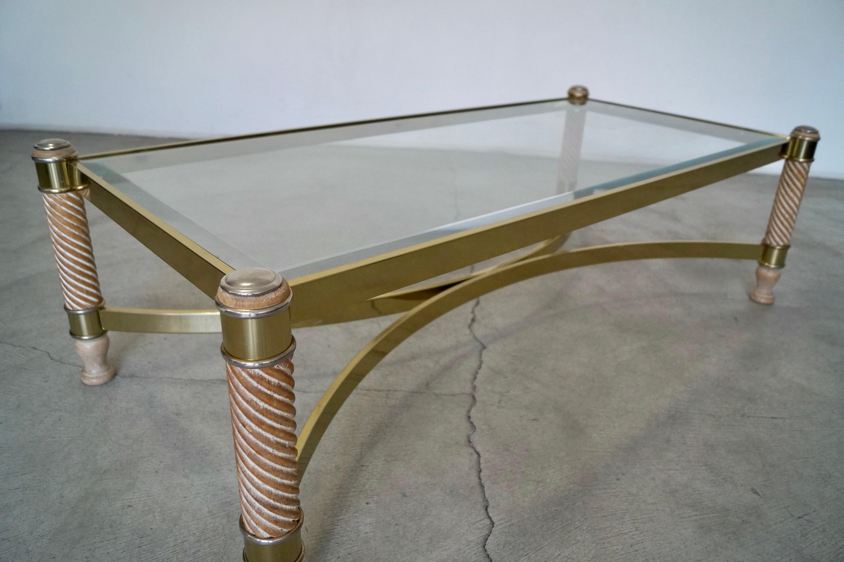 1970's Hollywood Regency Turned Wood, Brass, & Glass Coffee Table For Sale 12