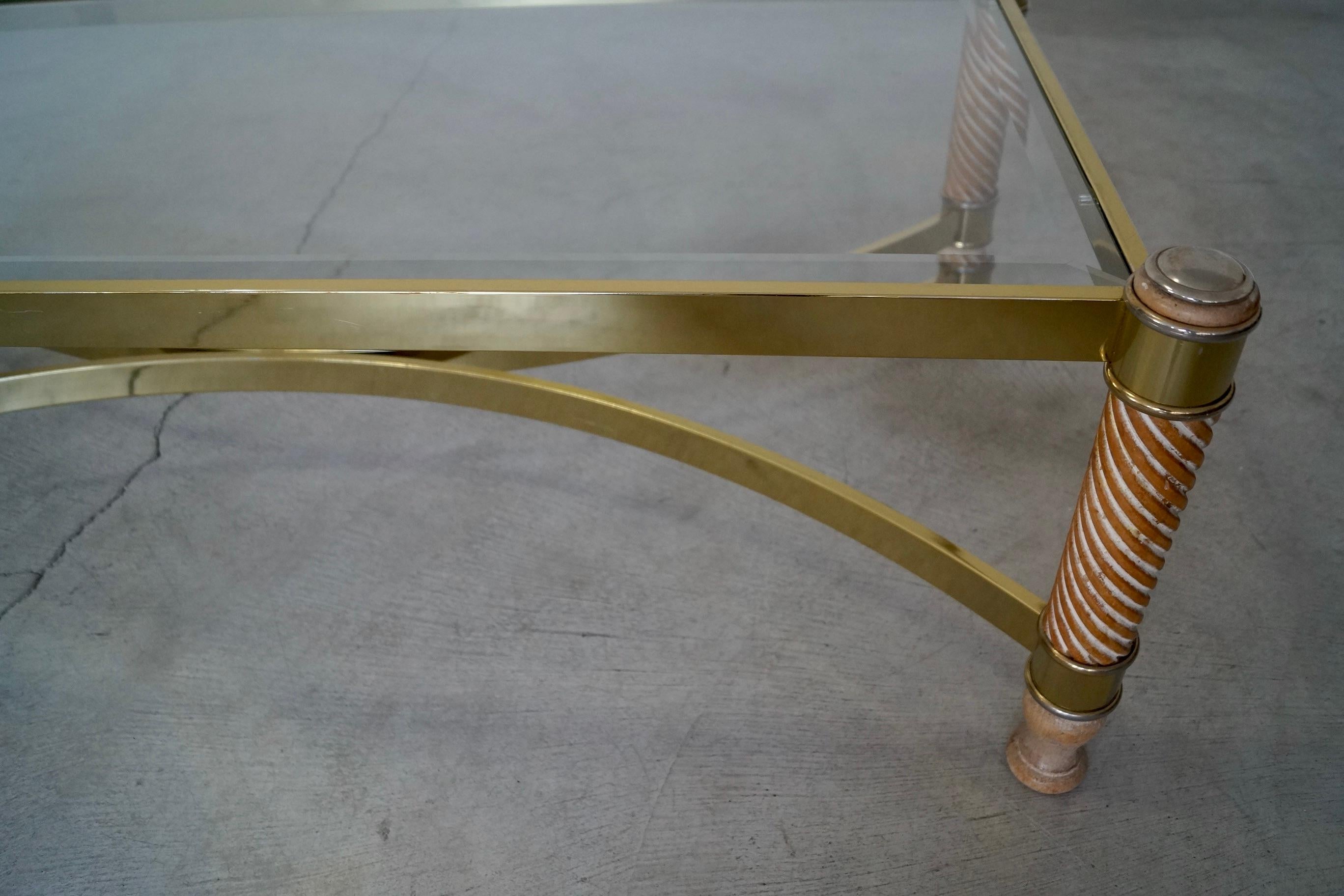 1970's Hollywood Regency Turned Wood, Brass, & Glass Coffee Table For Sale 15