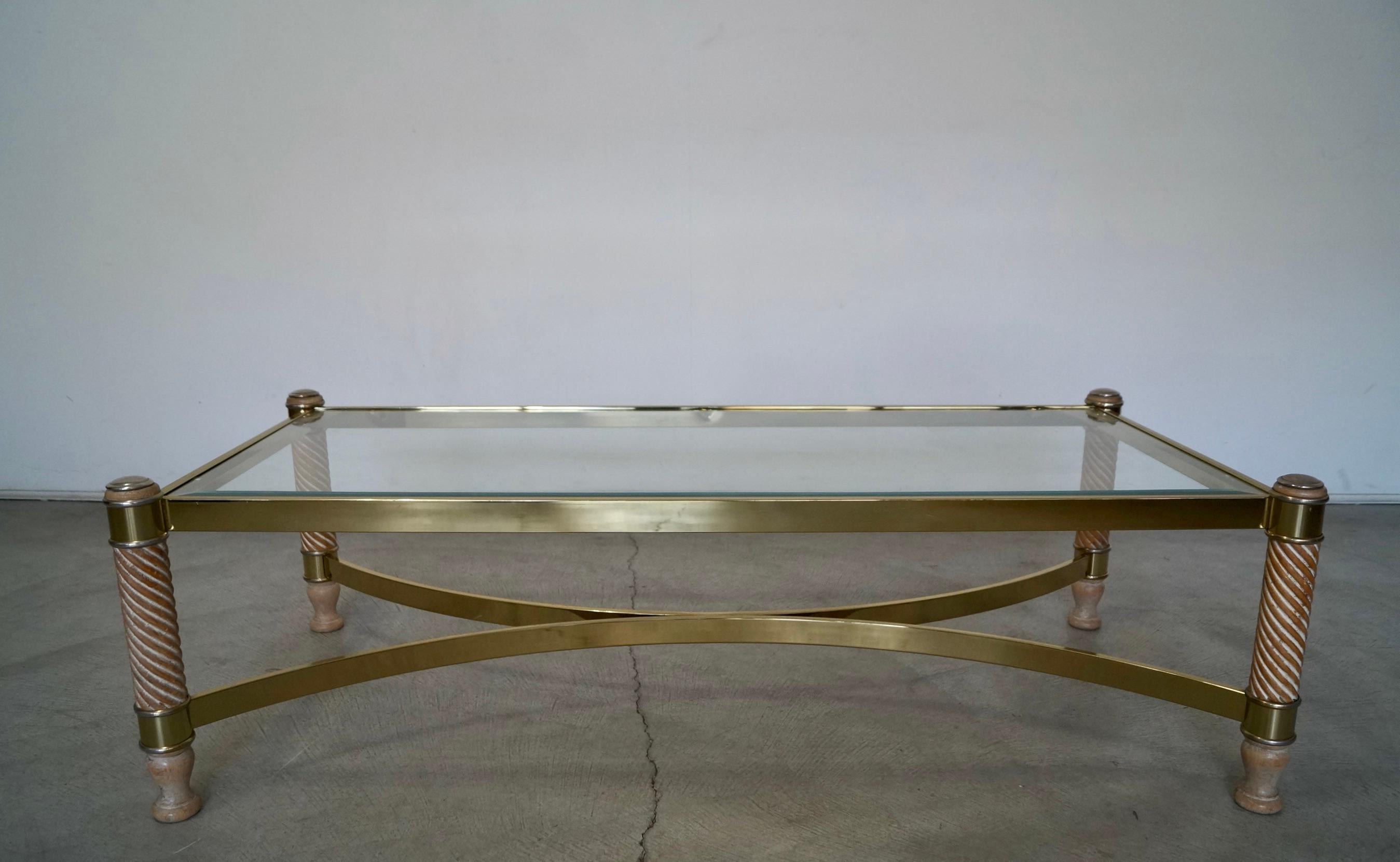 American 1970's Hollywood Regency Turned Wood, Brass, & Glass Coffee Table For Sale