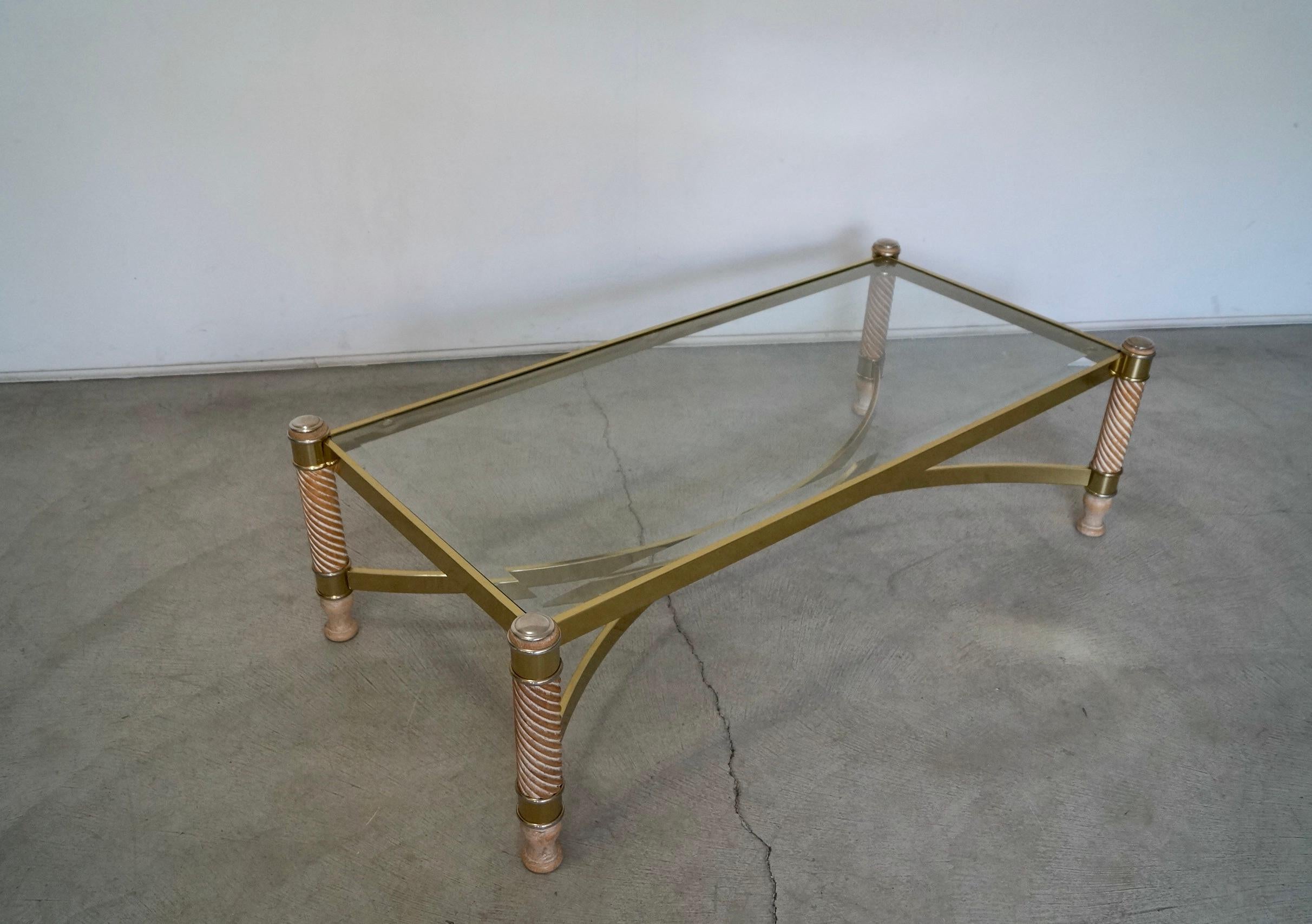 1970's Hollywood Regency Turned Wood, Brass, & Glass Coffee Table In Good Condition For Sale In Burbank, CA