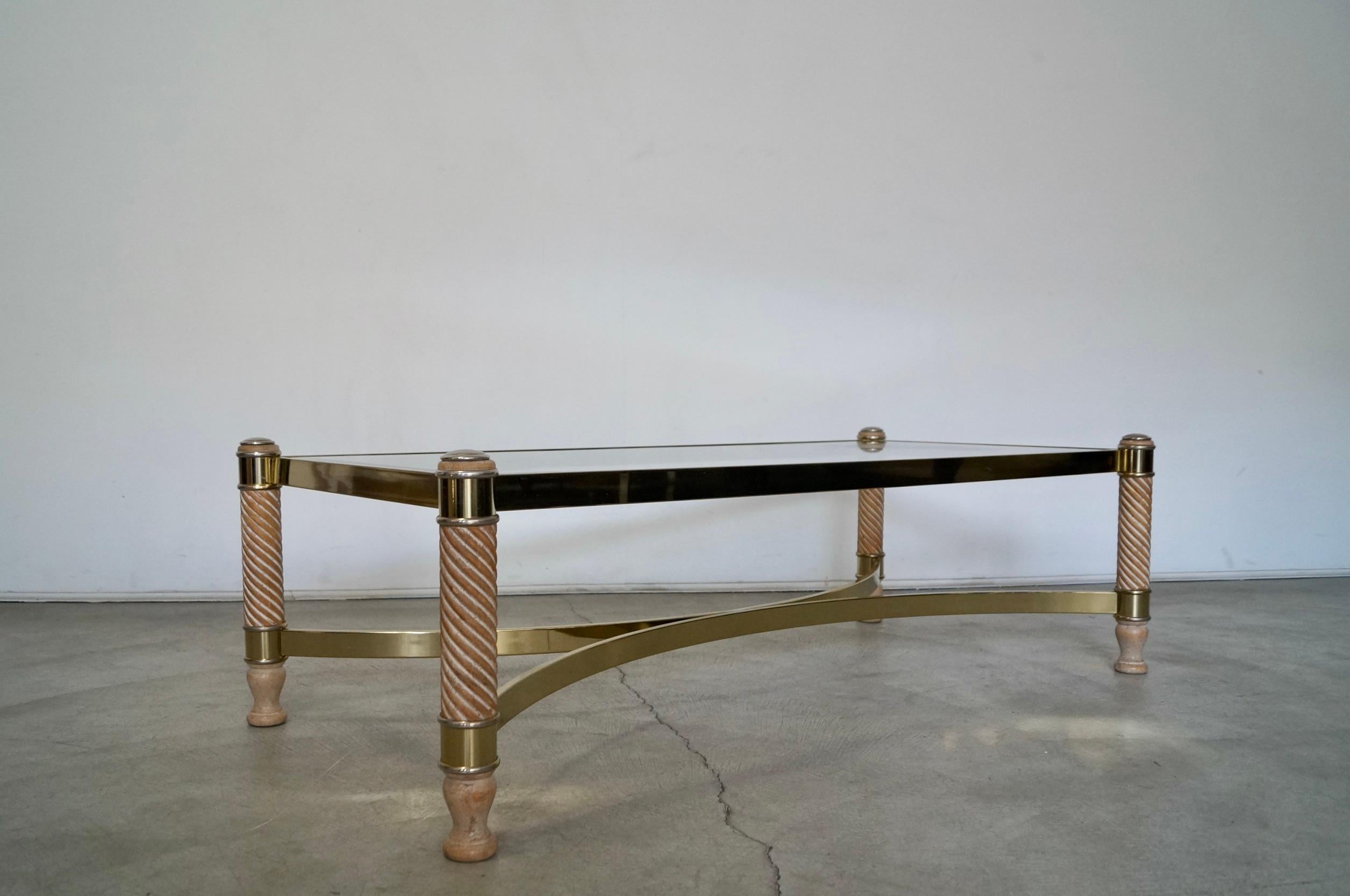 Late 20th Century 1970's Hollywood Regency Turned Wood, Brass, & Glass Coffee Table For Sale