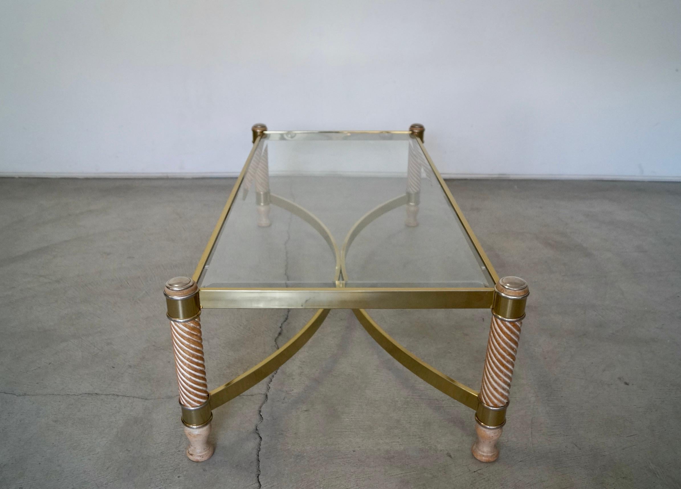 1970's Hollywood Regency Turned Wood, Brass, & Glass Coffee Table For Sale 2