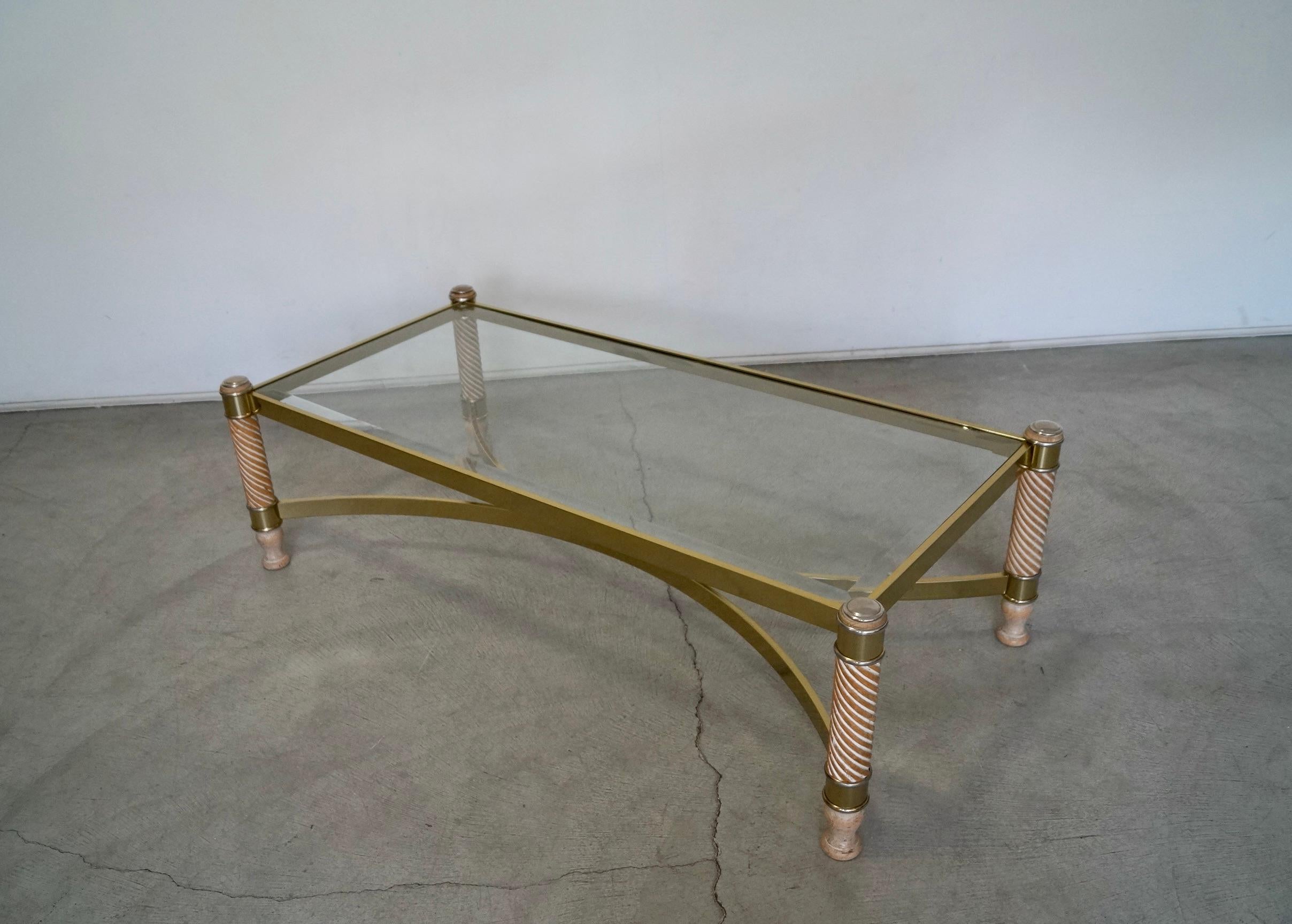 1970's Hollywood Regency Turned Wood, Brass, & Glass Coffee Table For Sale 3