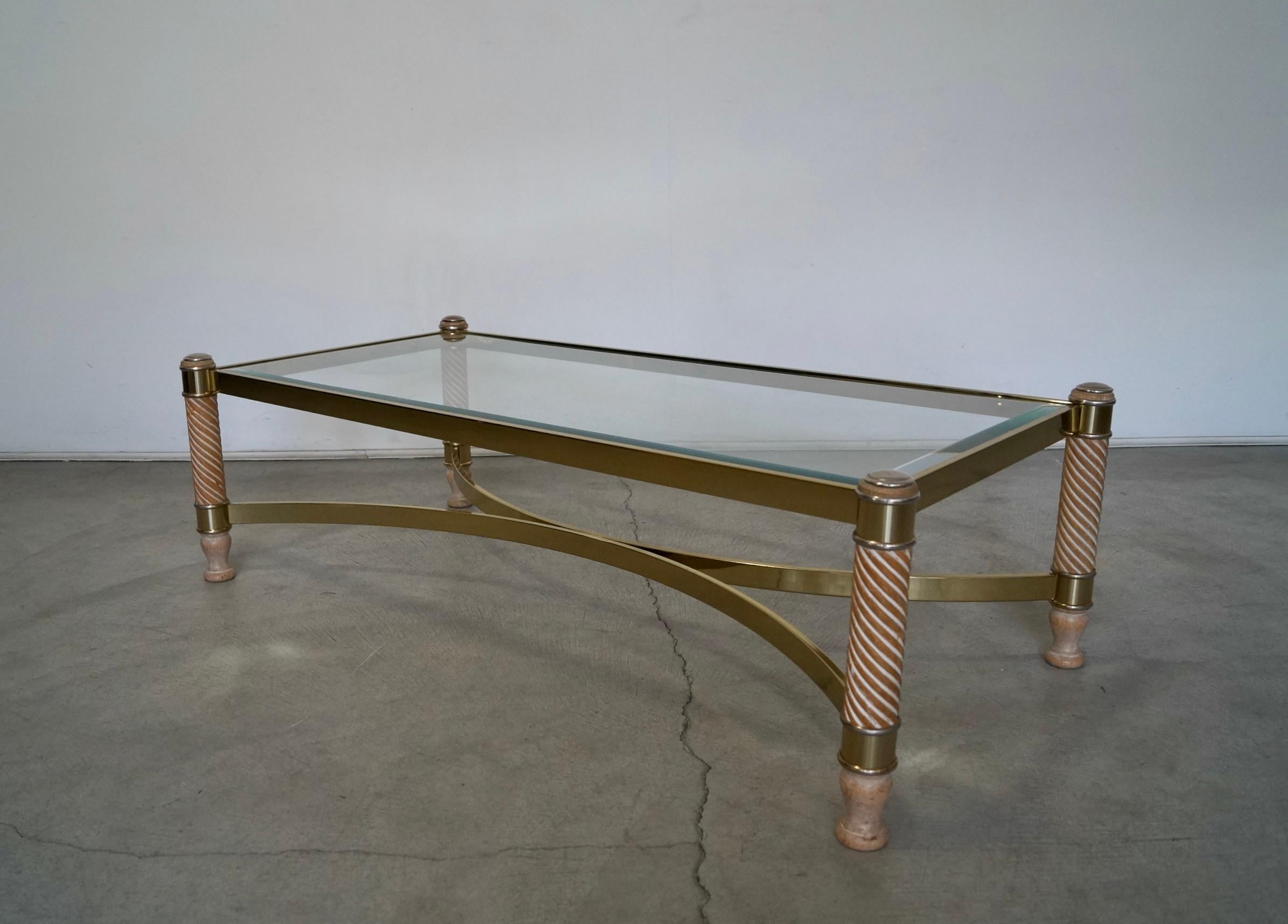 1970's Hollywood Regency Turned Wood, Brass, & Glass Coffee Table For Sale 4