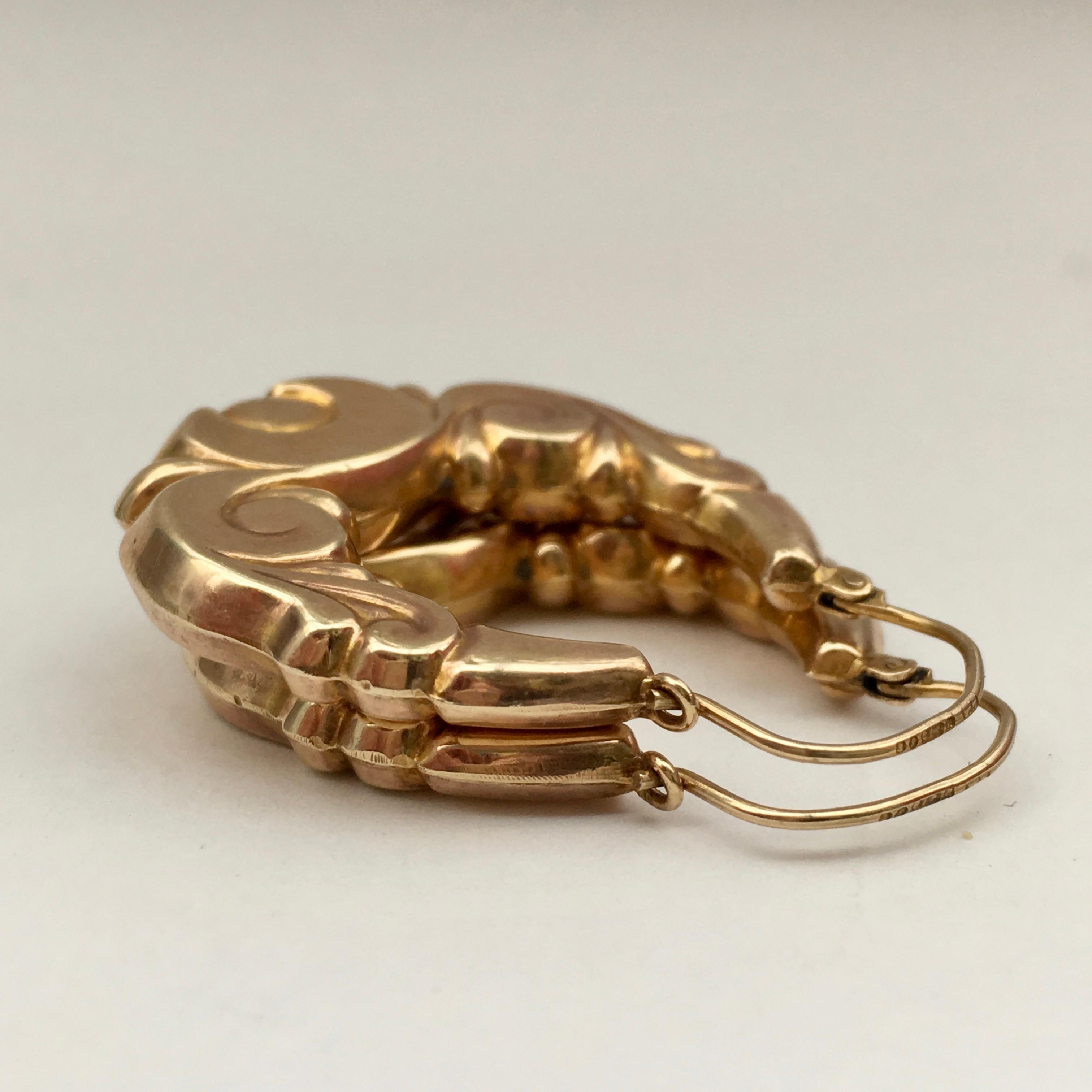 1970s Hoops Gold Vintage Jewelry Creole Style Decorative Hoop Earrings 9 Karat 2