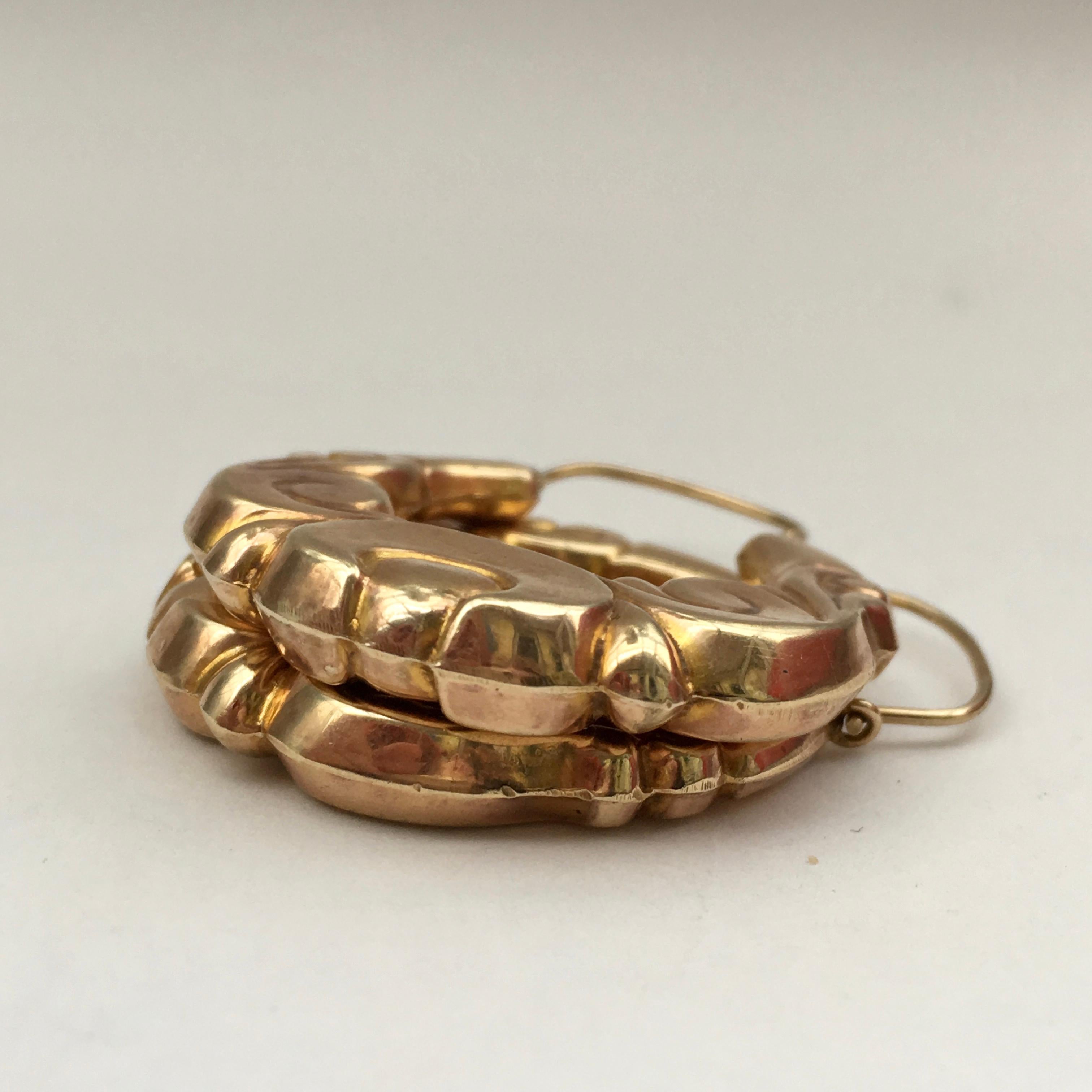 1970s Hoops Gold Vintage Jewelry Creole Style Decorative Hoop Earrings 9 Karat 1
