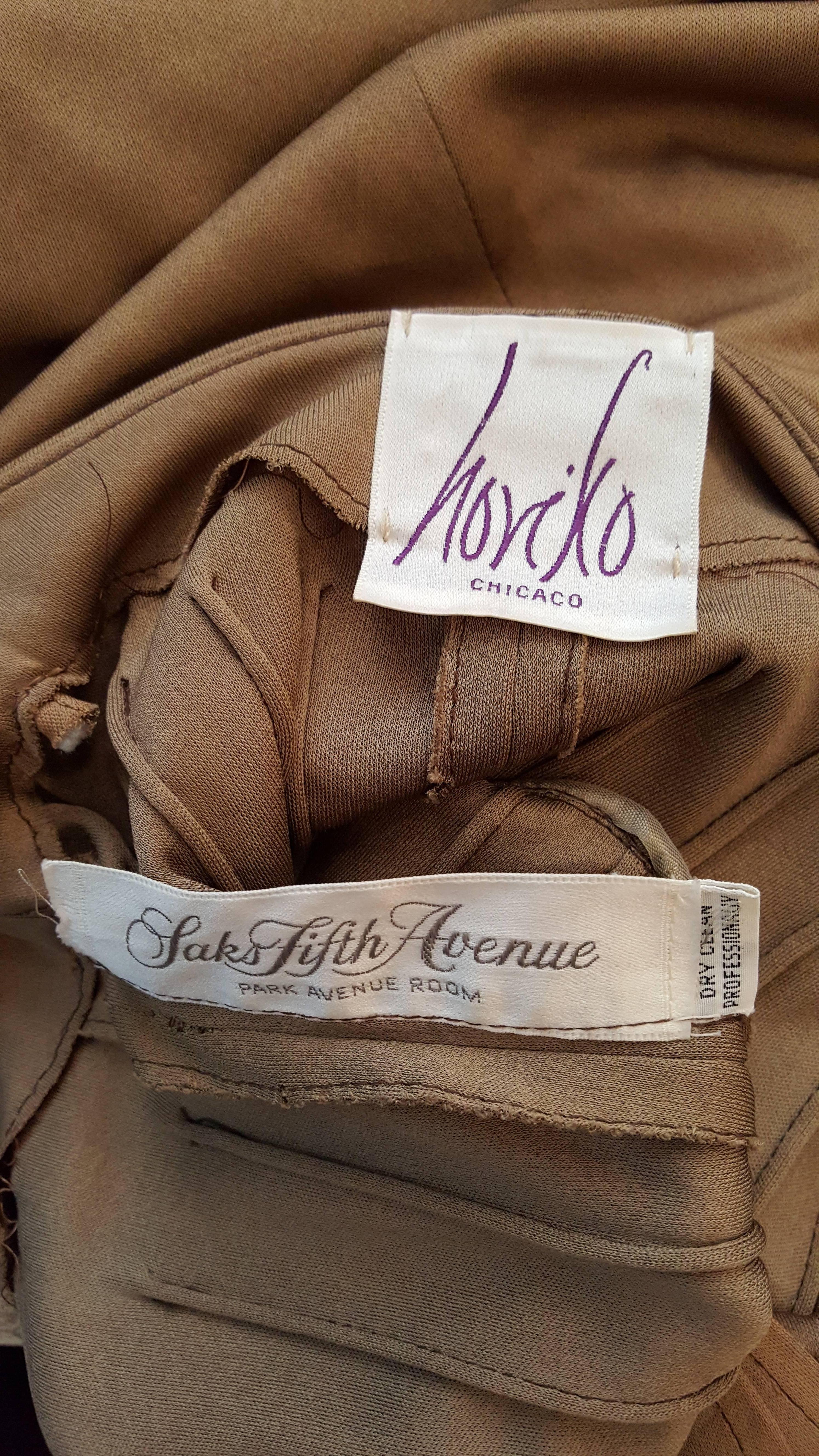 Women's 1970s Horiko for Saks Fifth Avenue Olive Toned Silk Jersey 2 Piece Skirt Suit 