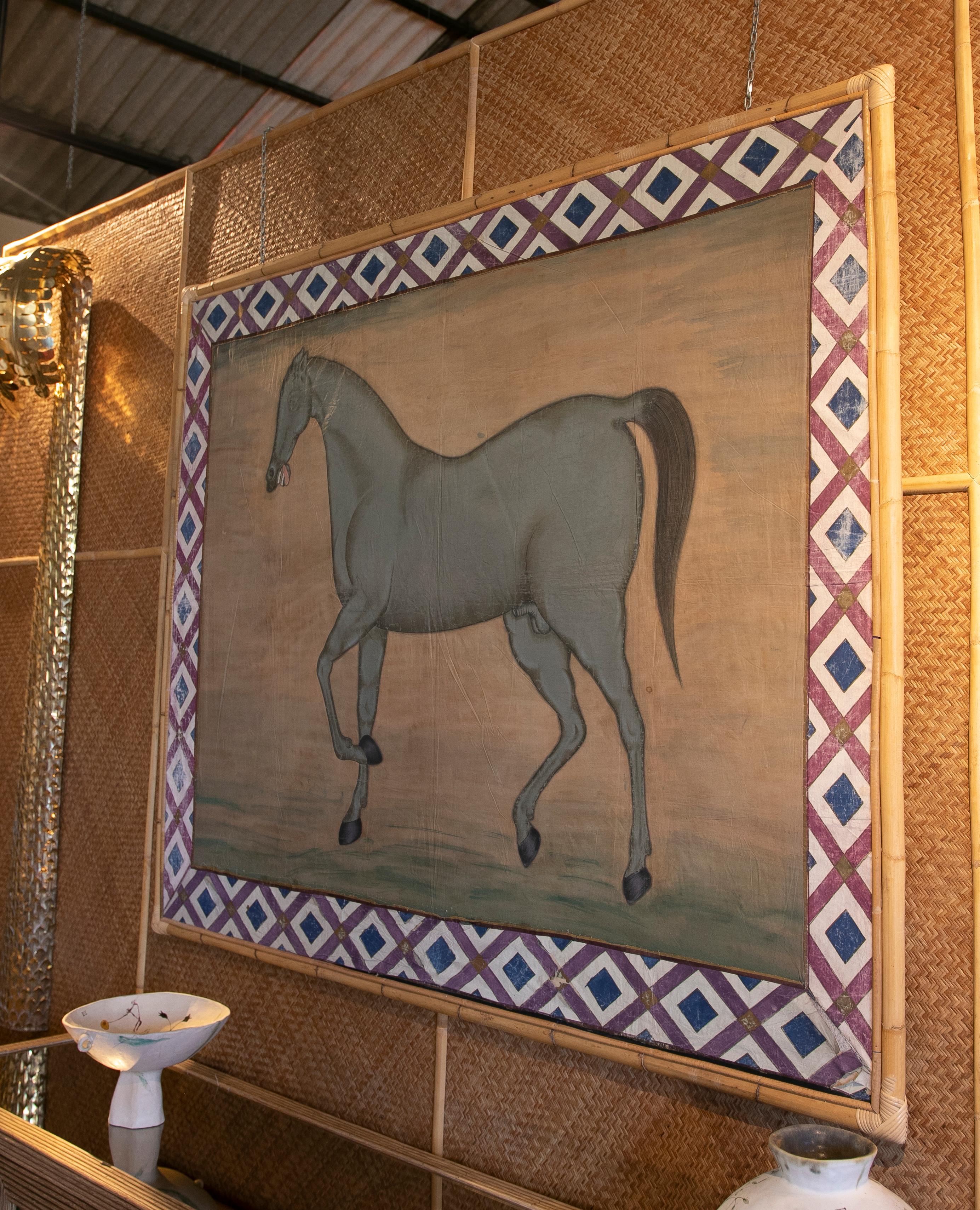 Indian 1970s Horse Painting on Fabric in Jaime Parlade Style