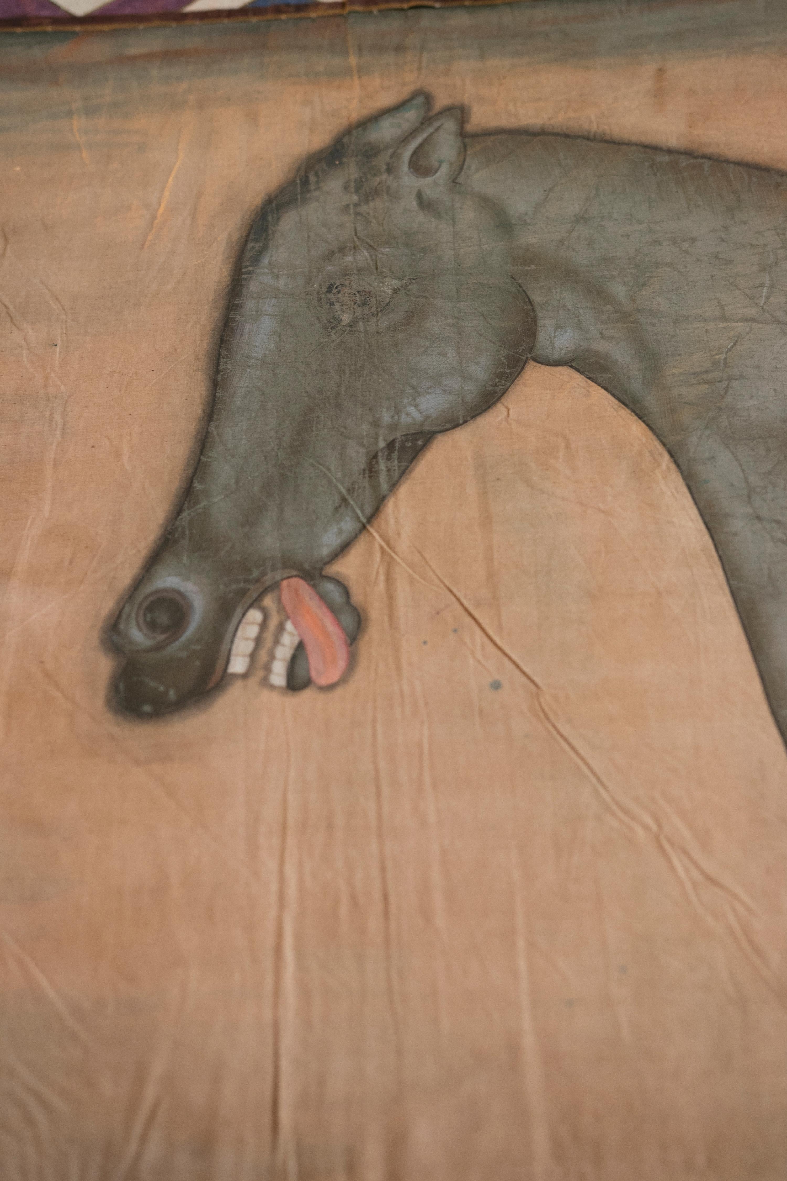 Canvas 1970s Horse Painting on Fabric in Jaime Parlade Style