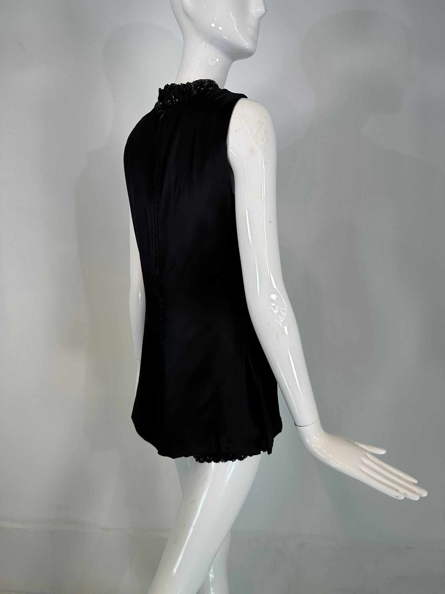 1970s Hot Pants Set Black Satin & Black Sequins Key Hole Tunic Top & Shorts For Sale 1