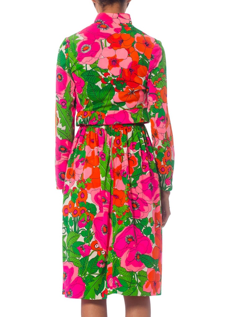 1970S Hot Pink and Green Polyester Jersey Halter Dress With Matching