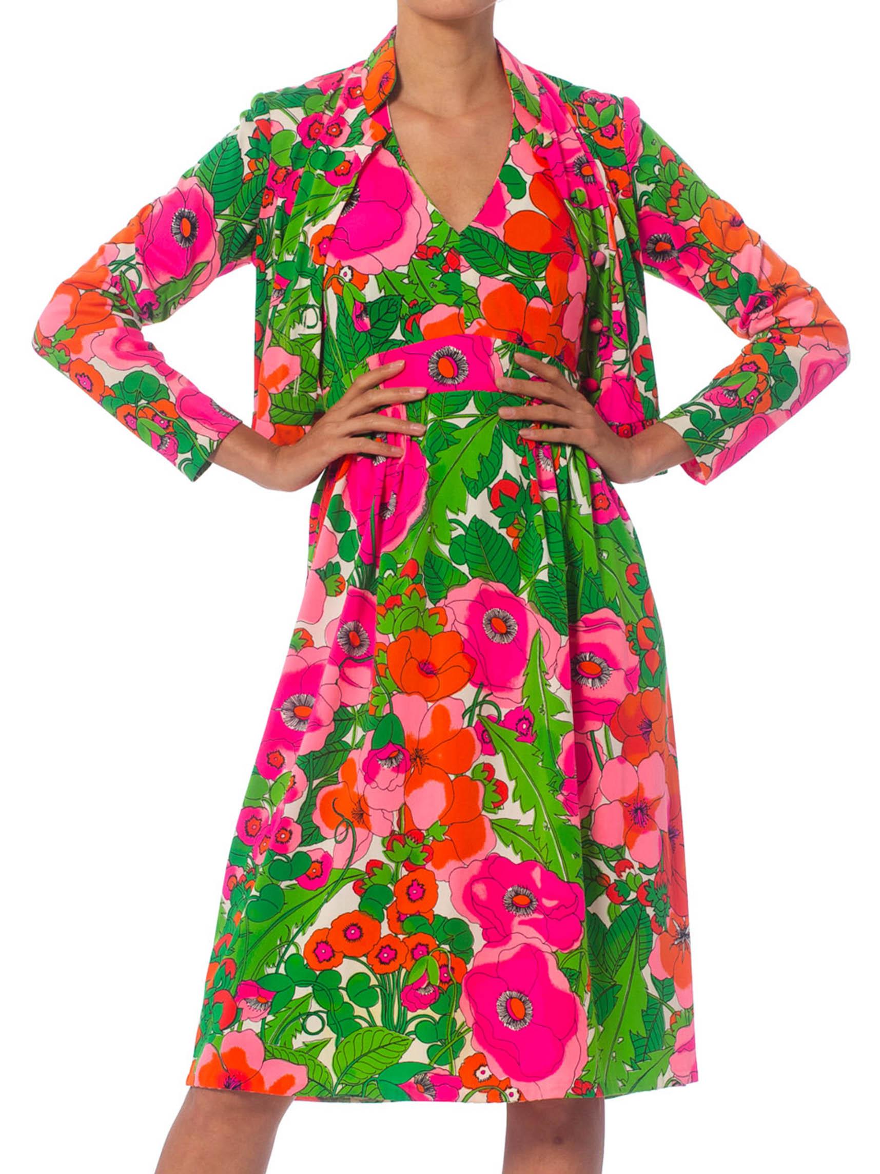 1970S Hot Pink & Green Polyester Jersey Halter Dress With Matching Jacket 3