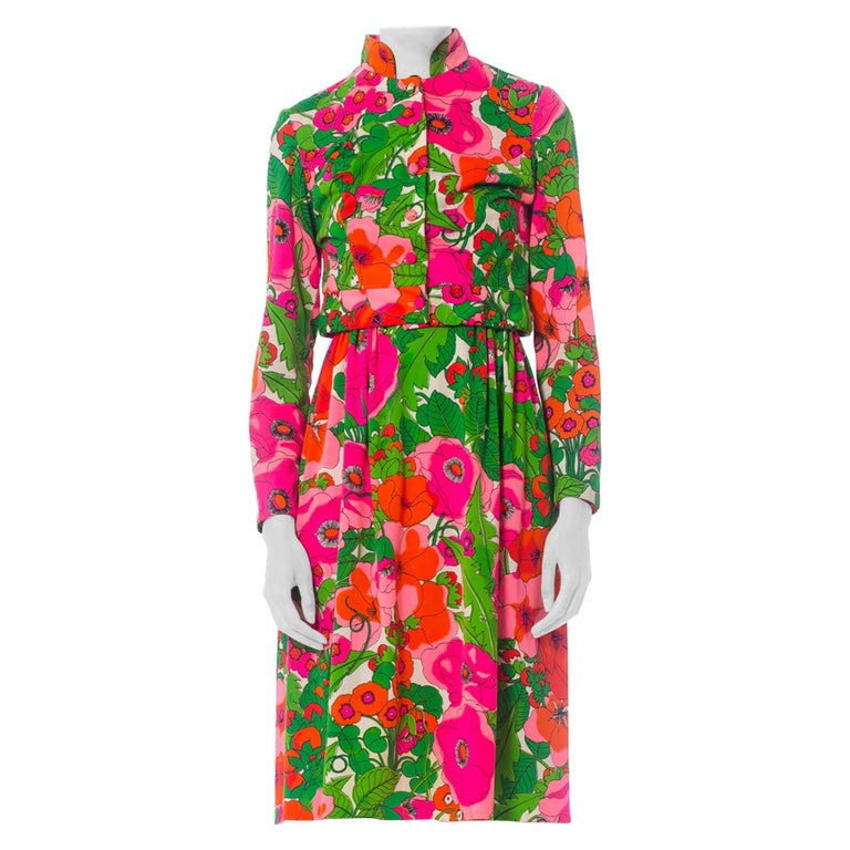 1970S Hot Pink and Green Polyester Jersey Halter Dress With Matching