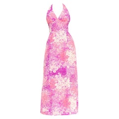 1970S Hot Pink & Purple Floral Poly Blend Jersey Halter Dress