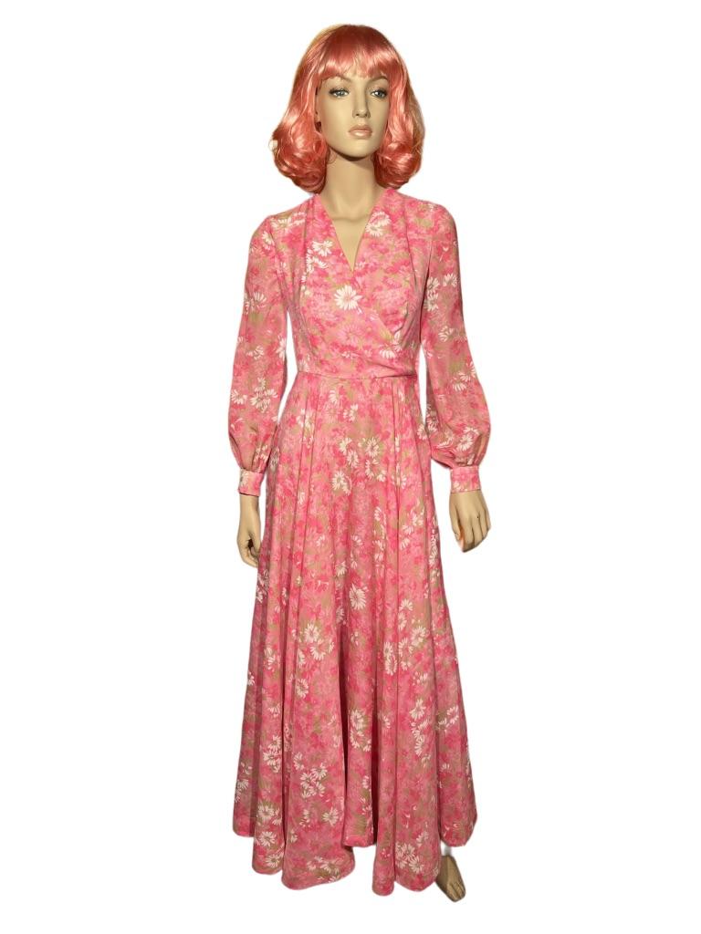 1970’s Hot Pink & White Floral Full-length Handmade Maxi Gown For Sale 1