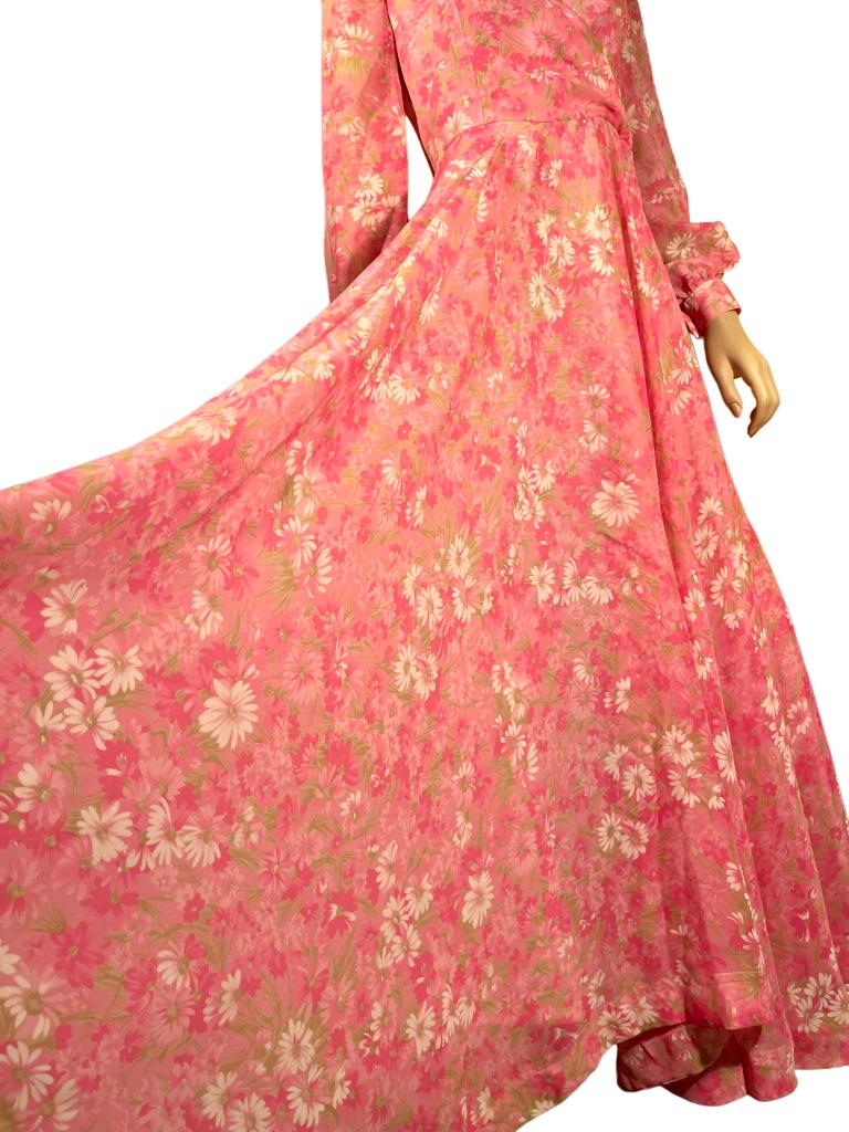 1970’s Hot Pink & White Floral Full-length Handmade Maxi Gown For Sale 3