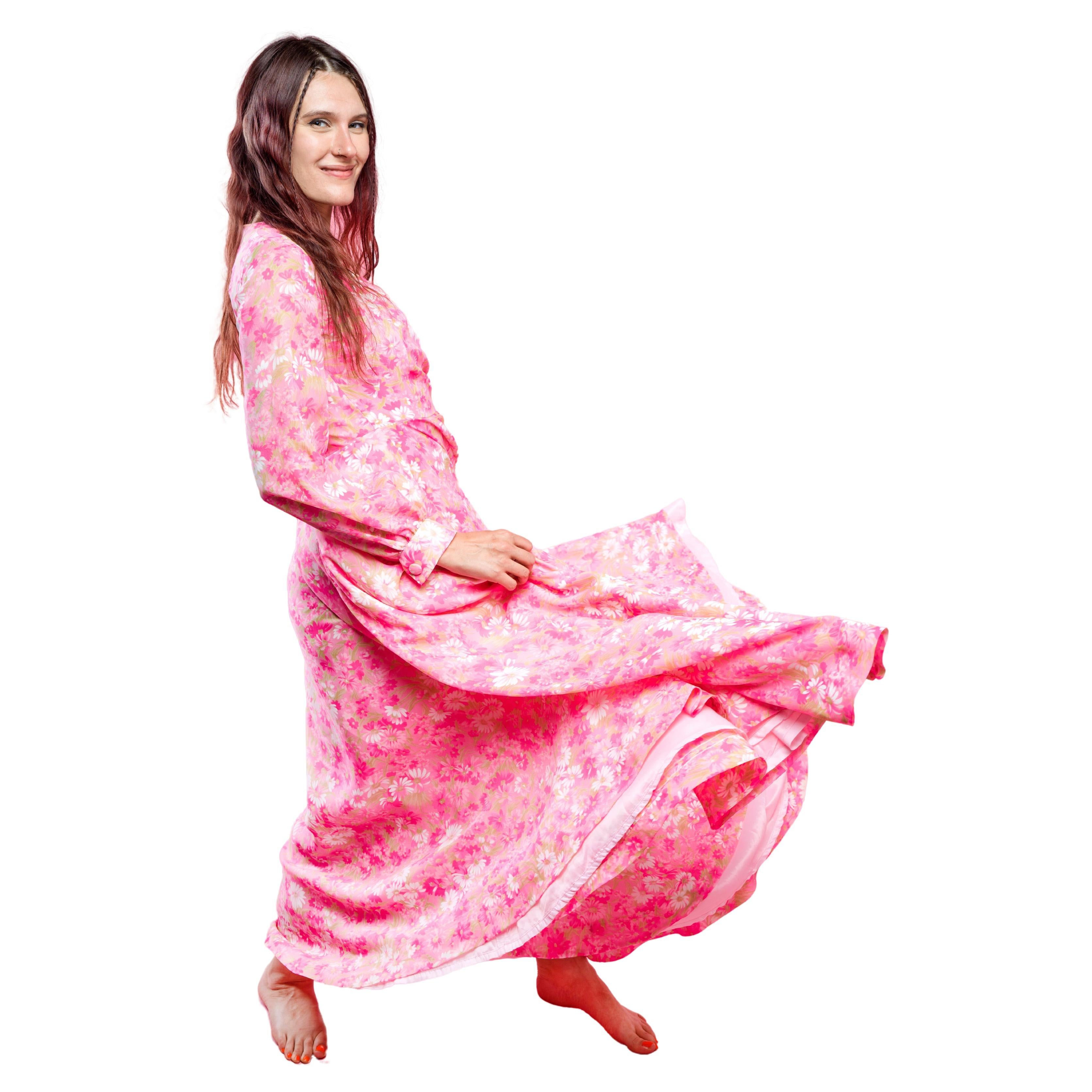 1970’s Hot Pink & White Floral Full-length Handmade Maxi Gown For Sale