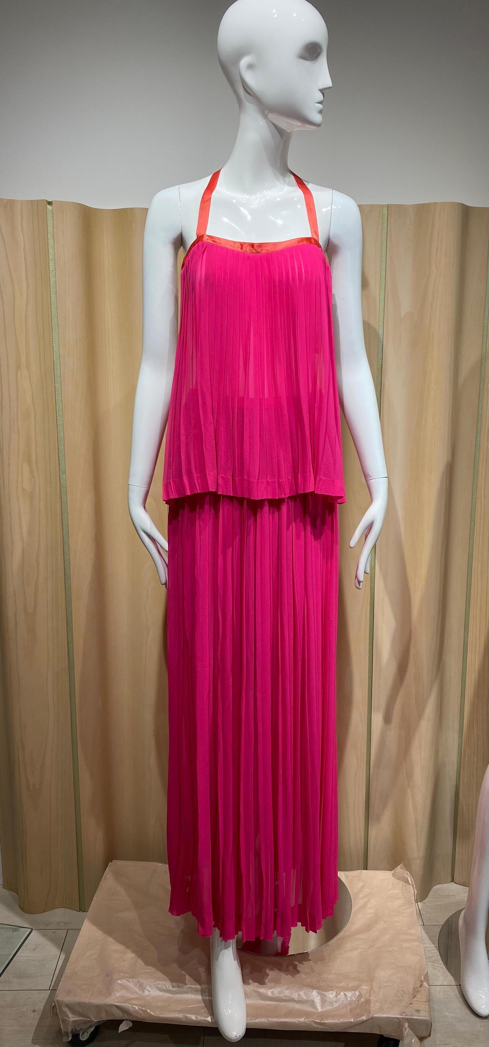 1970s Hot Pink Yves Saint Laurent silk top and maxi skirt en vente 1