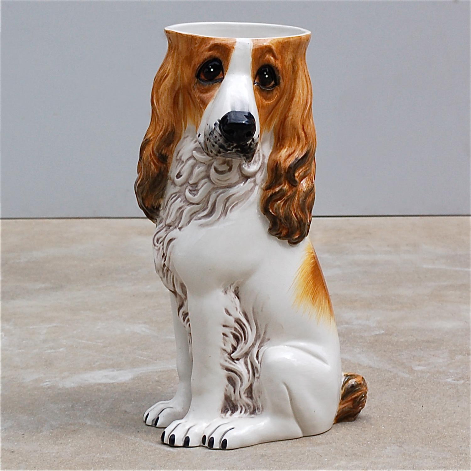 Characterful ceramic stick stand or umbrella stand in the shape of a dog, i.e. hound or spaniel. Animal ceramic umbrella stand for dog lovers.