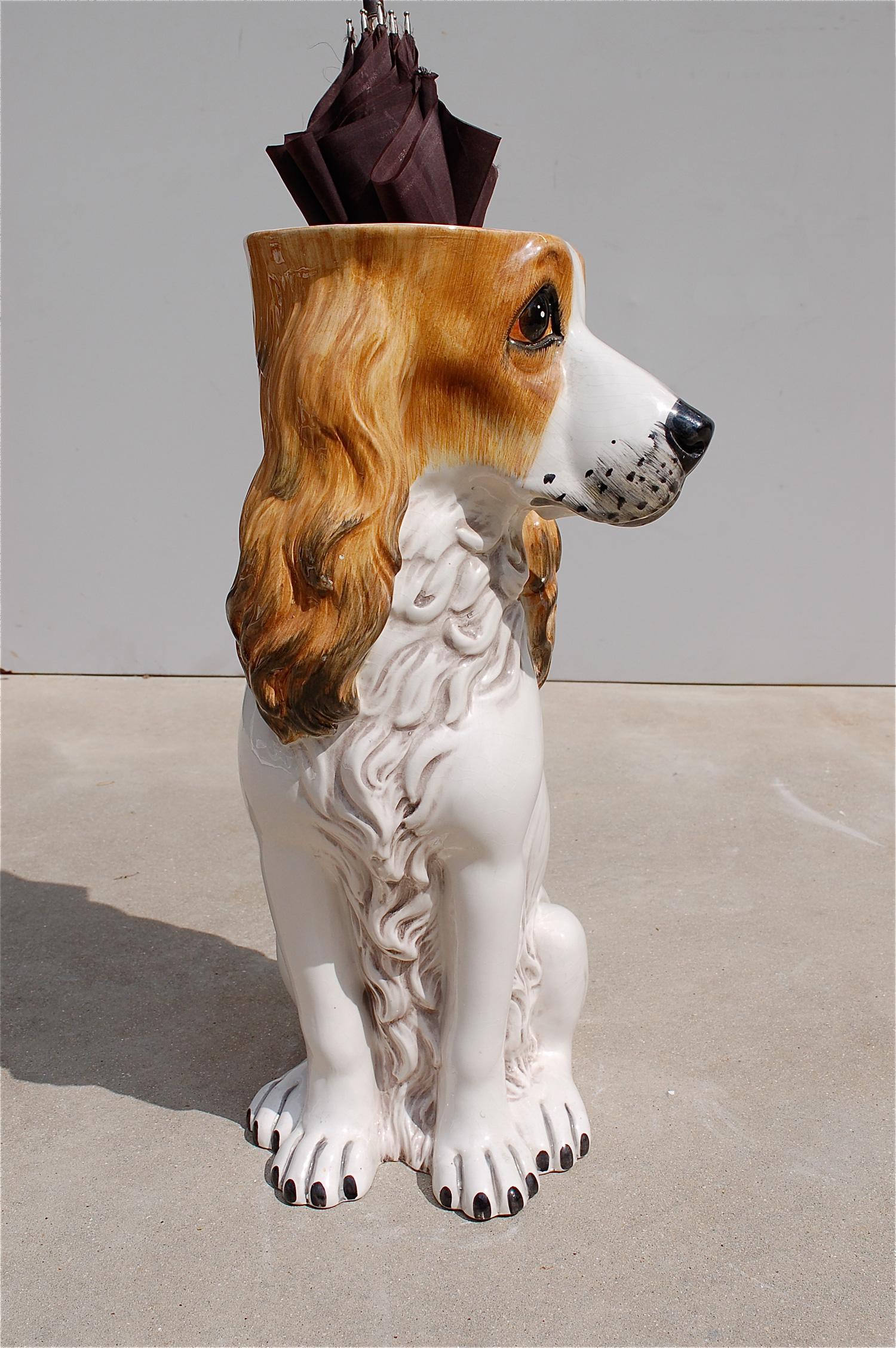 Glazed 1970s Hound Dog Italian Porcelain Umbrella Stand For Sale