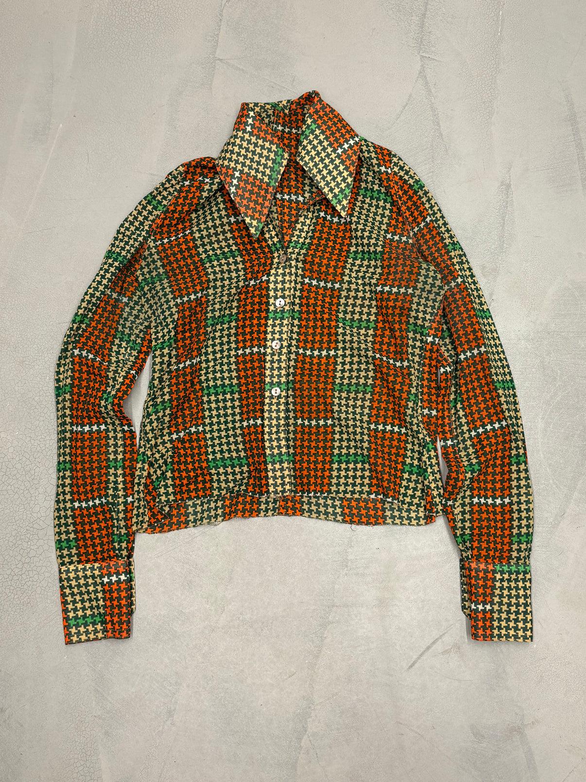 1970er Hahnentritt-Hemd mit tiefem Ausschnitt (Braun) im Angebot