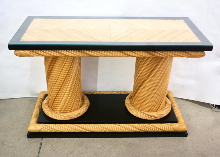 1970s Howard Dilday Organic Rattan Console Table with Black Lacquer Border For Sale 1